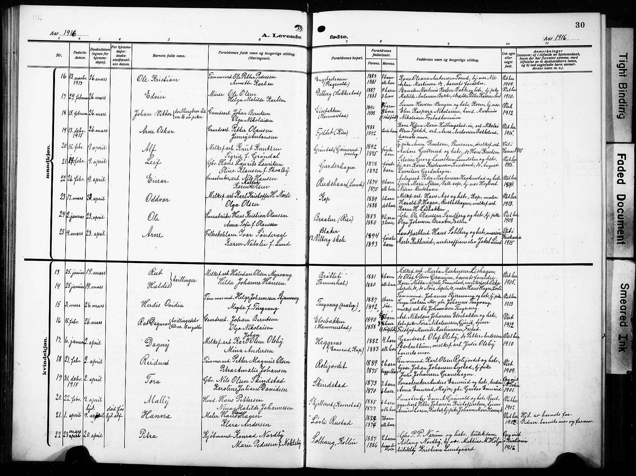 Østre Toten prestekontor, SAH/PREST-104/H/Ha/Hab/L0010: Parish register (copy) no. 10, 1912-1933, p. 30