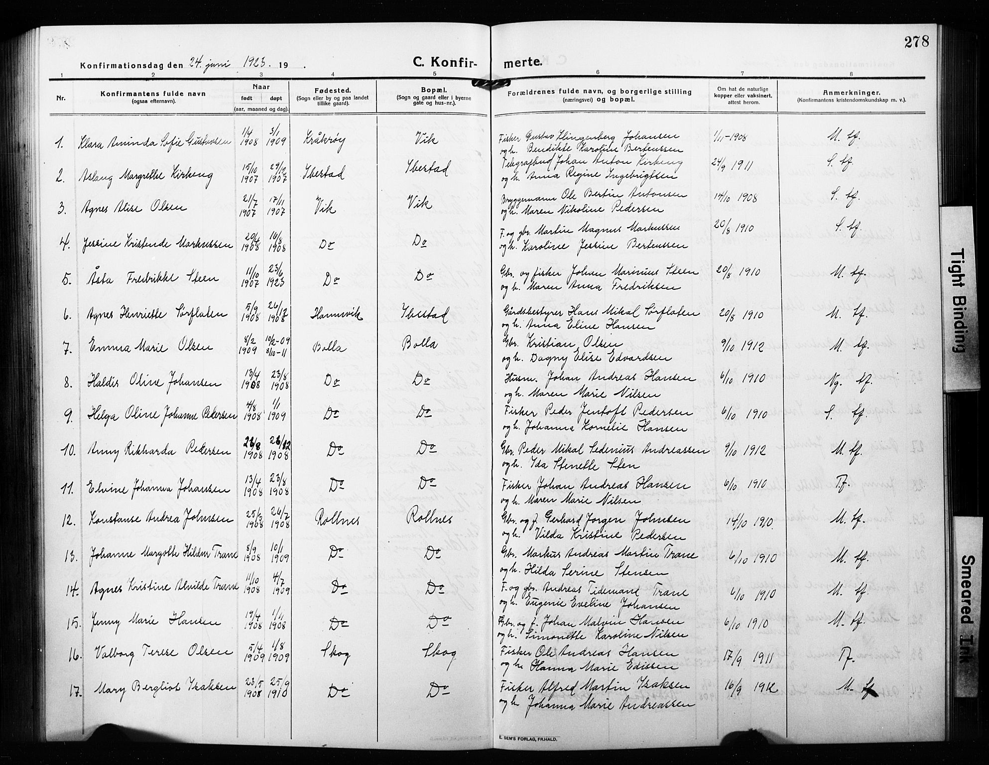 Ibestad sokneprestembete, AV/SATØ-S-0077/H/Ha/Hab/L0010klokker: Parish register (copy) no. 10, 1915-1929, p. 278