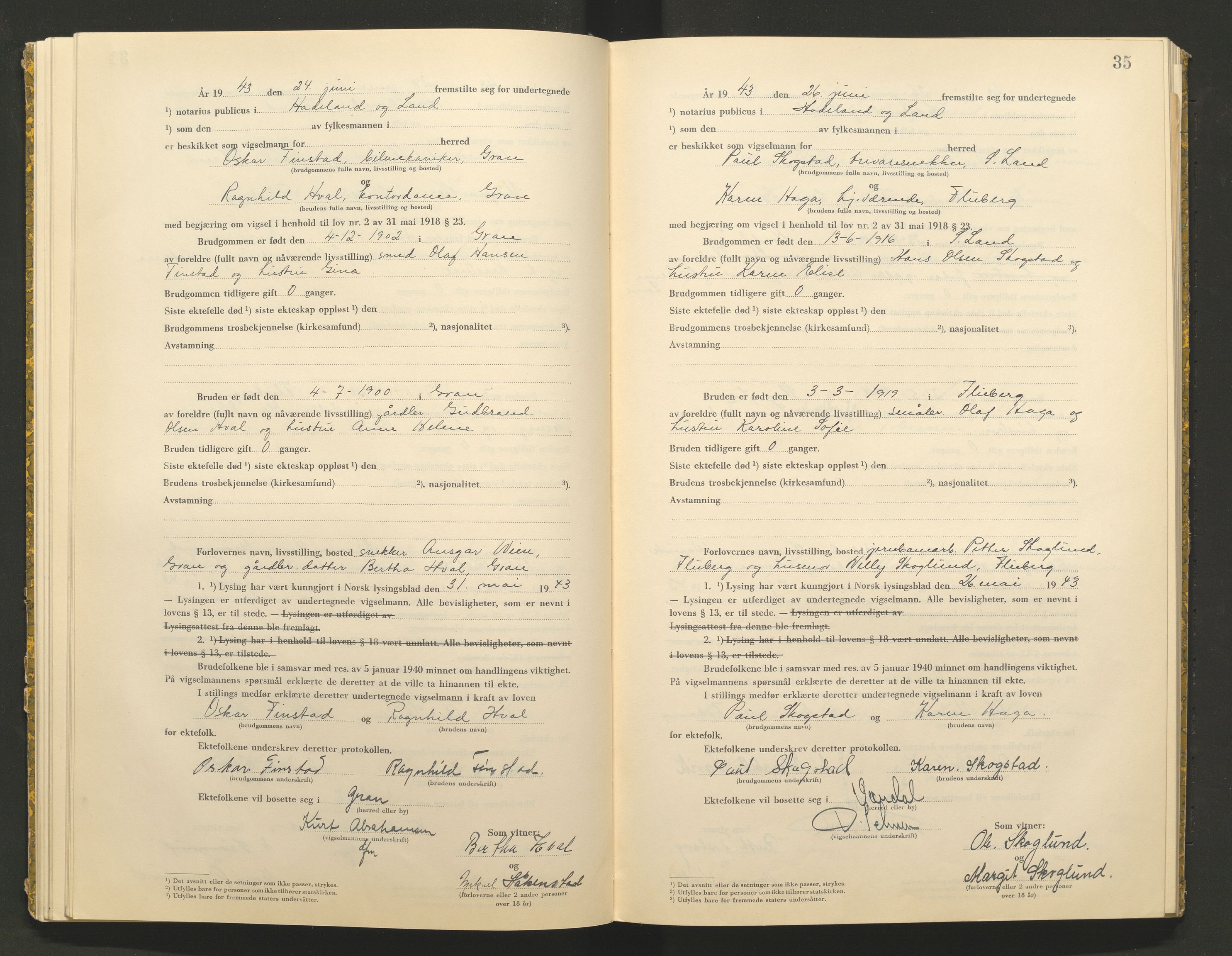 Hadeland og Land tingrett, AV/SAH-TING-010/L/Lb/L0002: Vigselbok, 1943-1944, p. 35