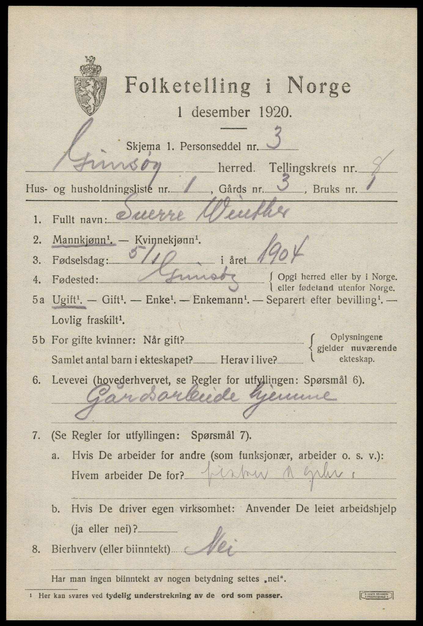 SAT, 1920 census for Gimsøy, 1920, p. 3211