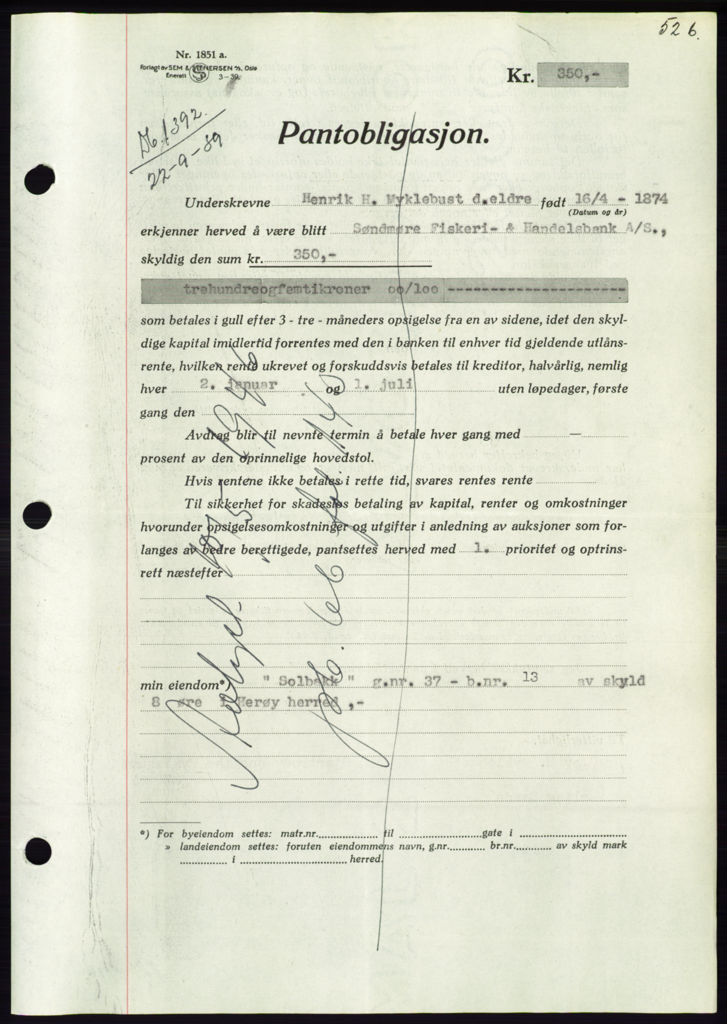 Søre Sunnmøre sorenskriveri, AV/SAT-A-4122/1/2/2C/L0068: Mortgage book no. 62, 1939-1939, Diary no: : 1392/1939