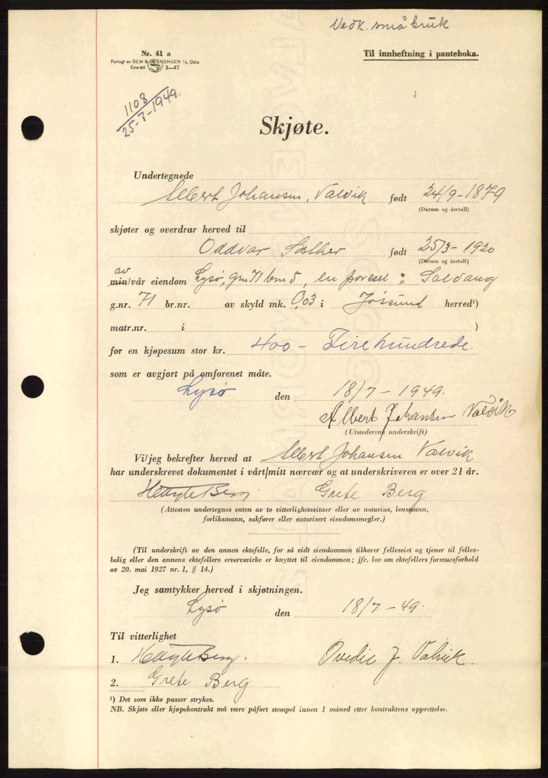 Fosen sorenskriveri, AV/SAT-A-1107/1/2/2C: Mortgage book no. A9, 1948-1949, Diary no: : 1108/1949