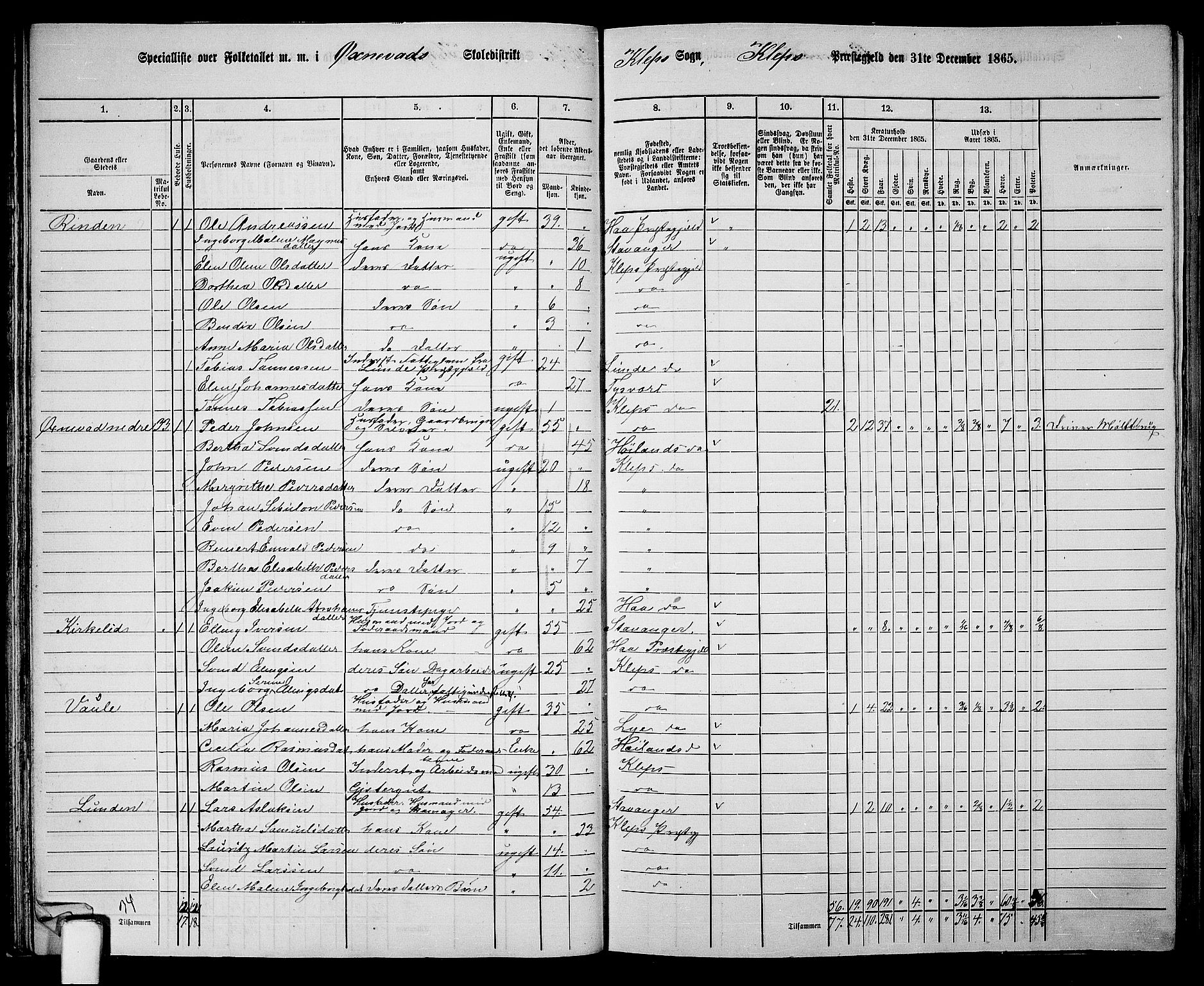 RA, 1865 census for Klepp, 1865, p. 33