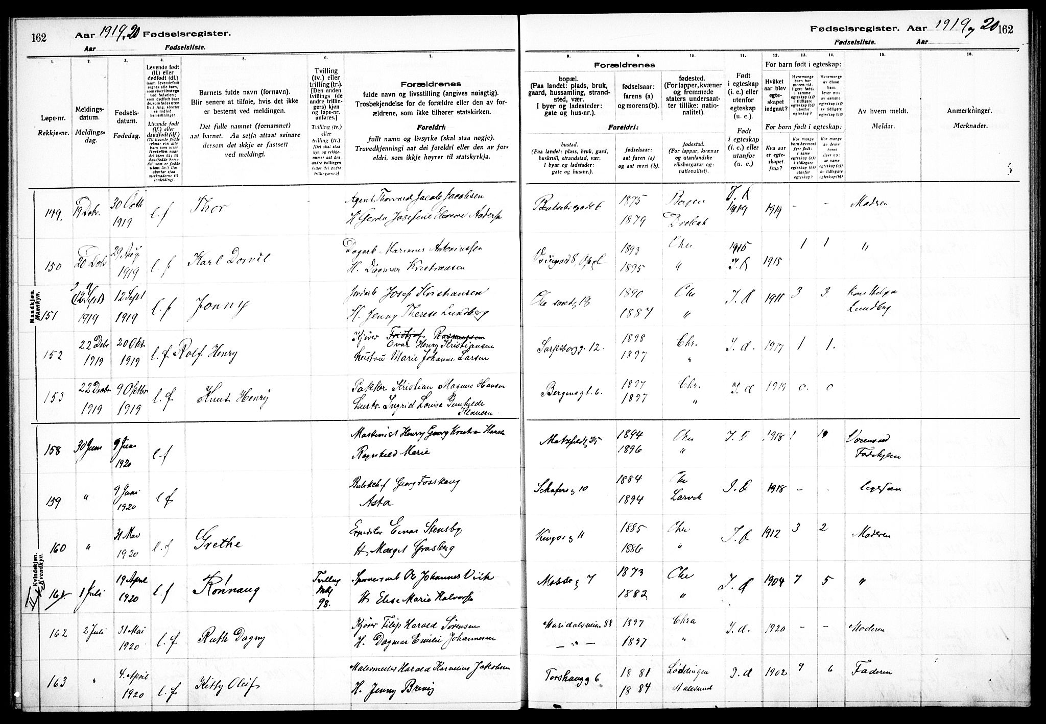 Sagene prestekontor Kirkebøker, AV/SAO-A-10796/J/L0001: Birth register no. 1, 1916-1920, p. 162