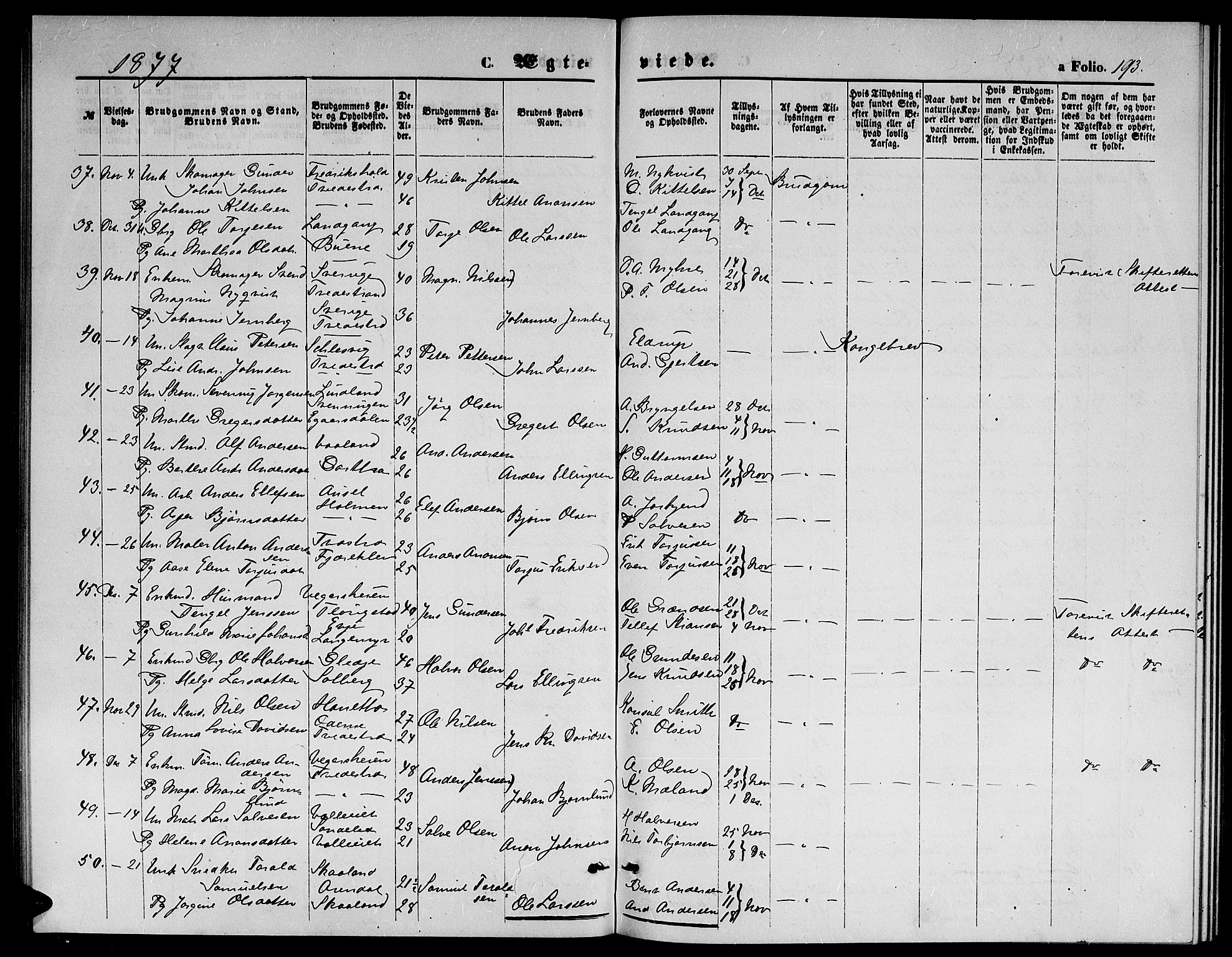 Holt sokneprestkontor, SAK/1111-0021/F/Fb/L0009: Parish register (copy) no. B 9, 1871-1883, p. 193