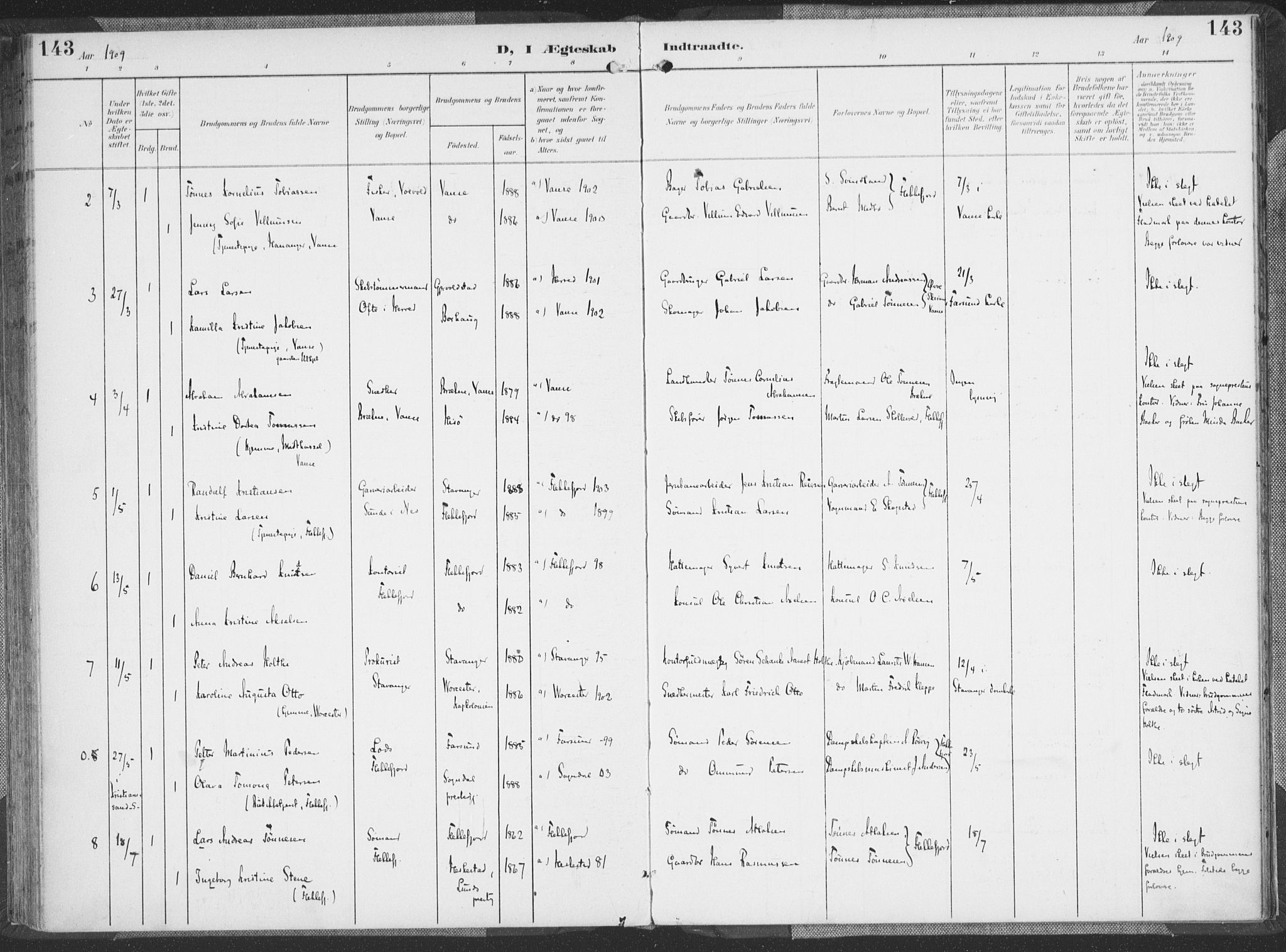 Flekkefjord sokneprestkontor, SAK/1111-0012/F/Fa/Faa/L0002: Parish register (official) no. A 2, 1900-1912, p. 143