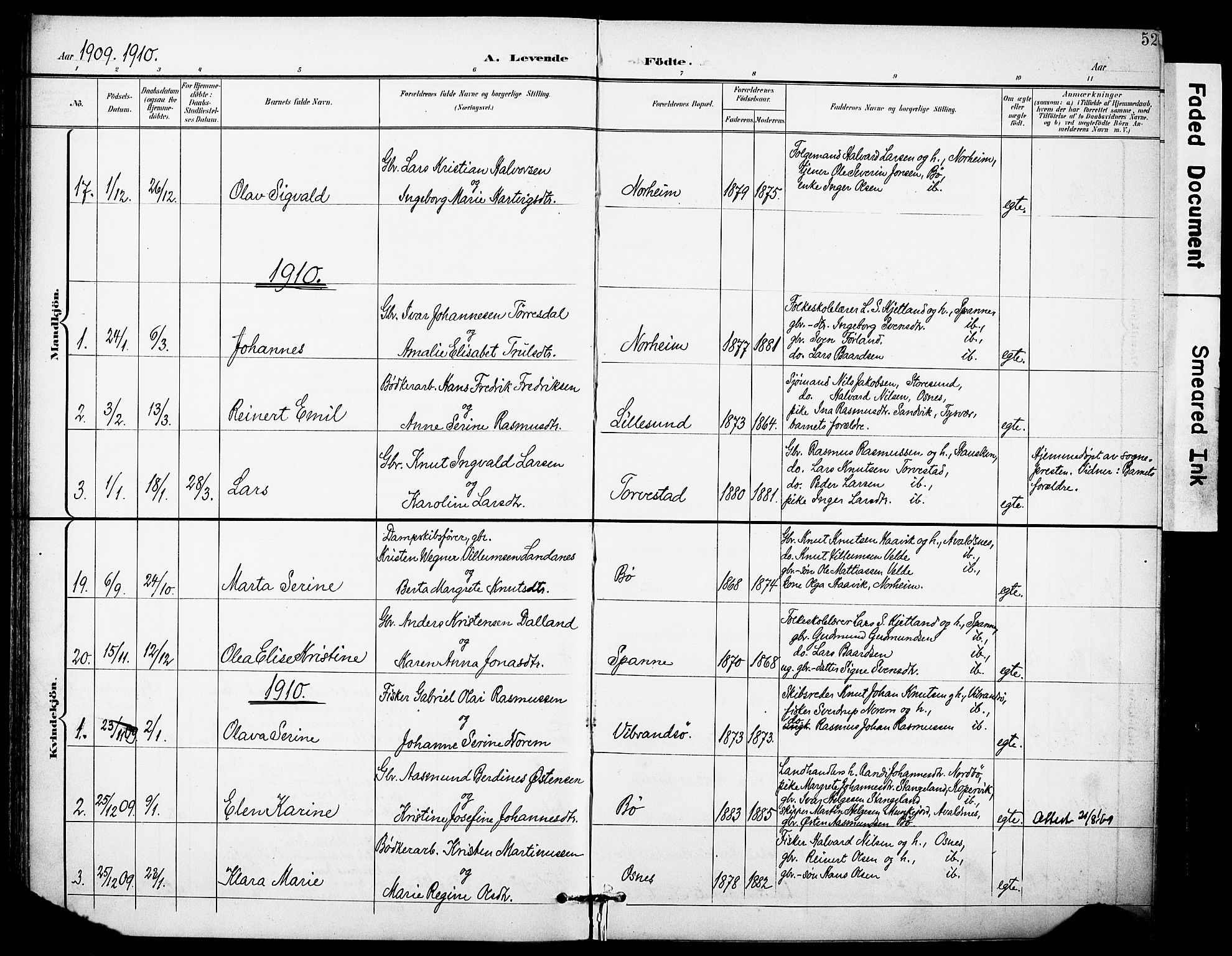 Torvastad sokneprestkontor, SAST/A -101857/H/Ha/Haa/L0017: Parish register (official) no. A 16, 1899-1911, p. 52