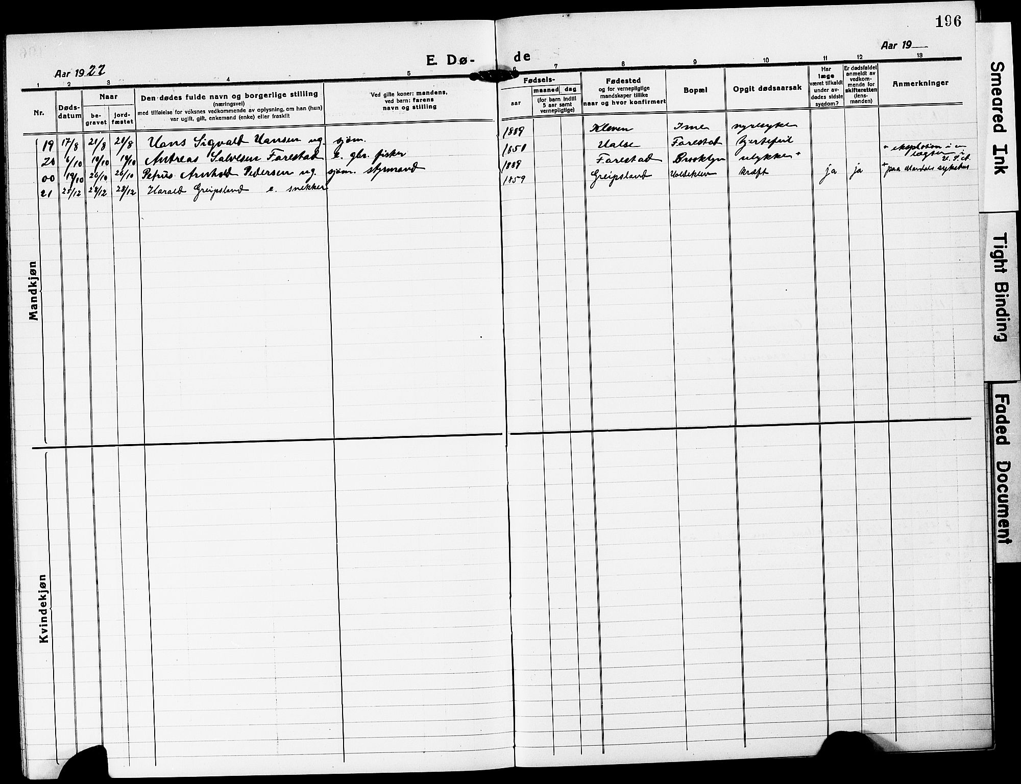 Mandal sokneprestkontor, AV/SAK-1111-0030/F/Fb/Fba/L0013: Parish register (copy) no. B 7, 1918-1931, p. 196