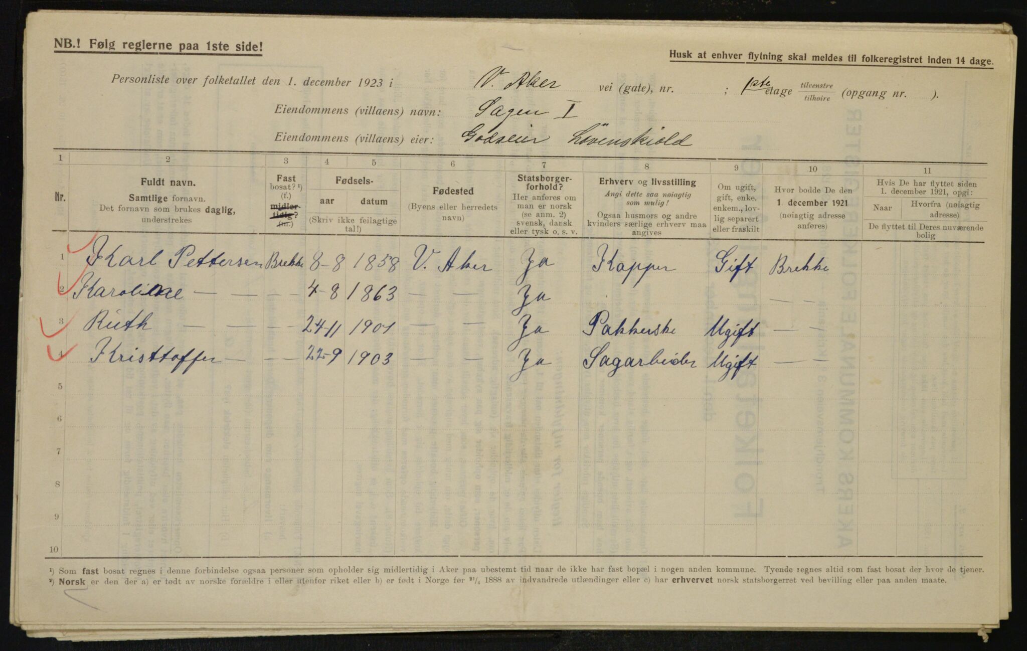 , Municipal Census 1923 for Aker, 1923, p. 13231