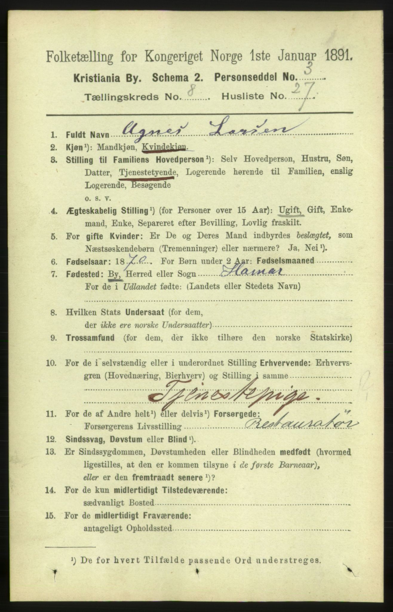 RA, 1891 census for 0301 Kristiania, 1891, p. 3937