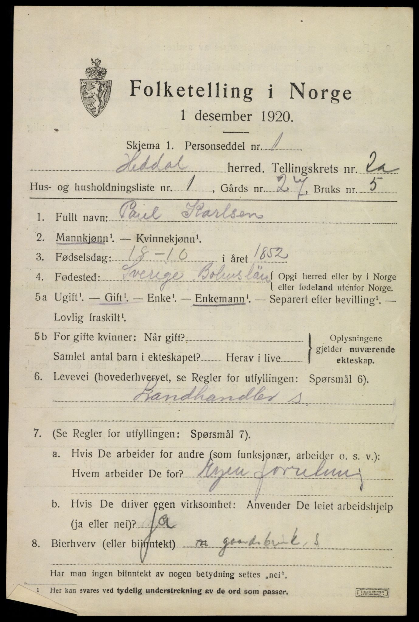 SAKO, 1920 census for Heddal, 1920, p. 1950