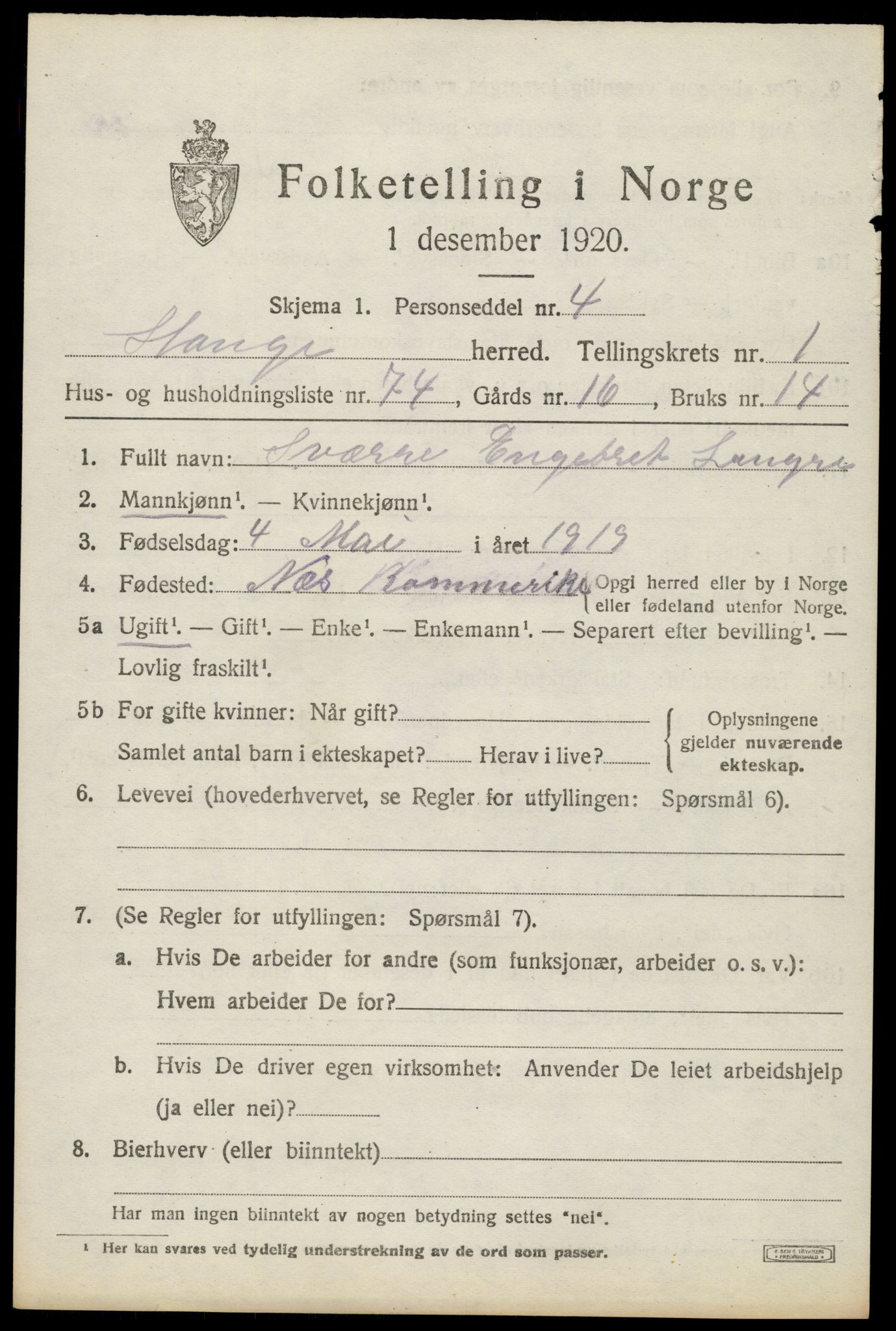 SAH, 1920 census for Stange, 1920, p. 3815