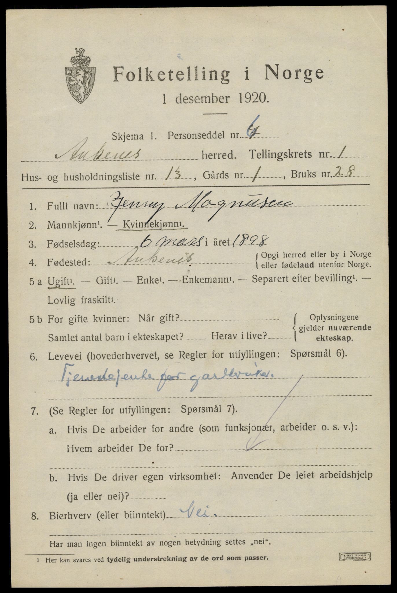 SAT, 1920 census for Ankenes, 1920, p. 1353