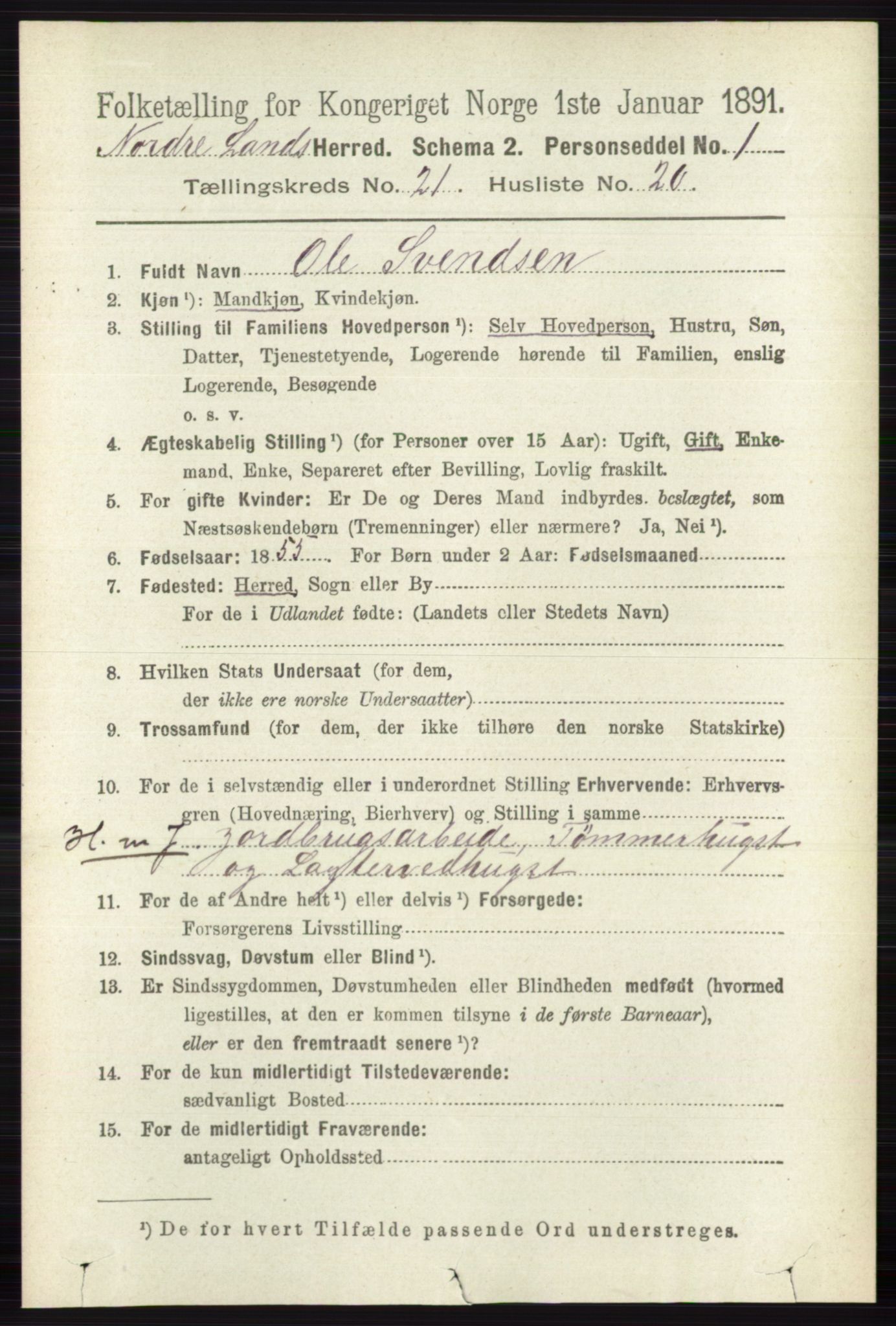 RA, 1891 census for 0538 Nordre Land, 1891, p. 5390