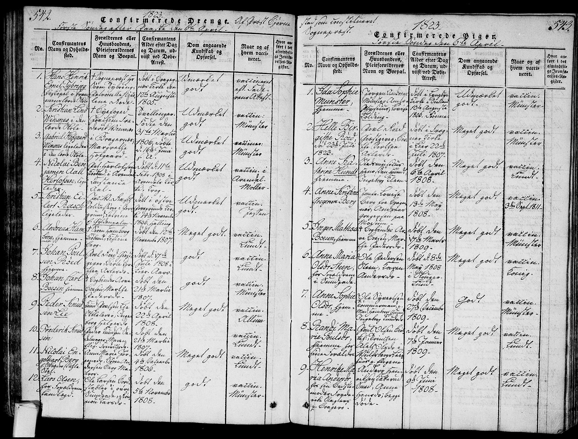 Bragernes kirkebøker, AV/SAKO-A-6/G/Ga/L0001: Parish register (copy) no. 1, 1815-1829, p. 542-543