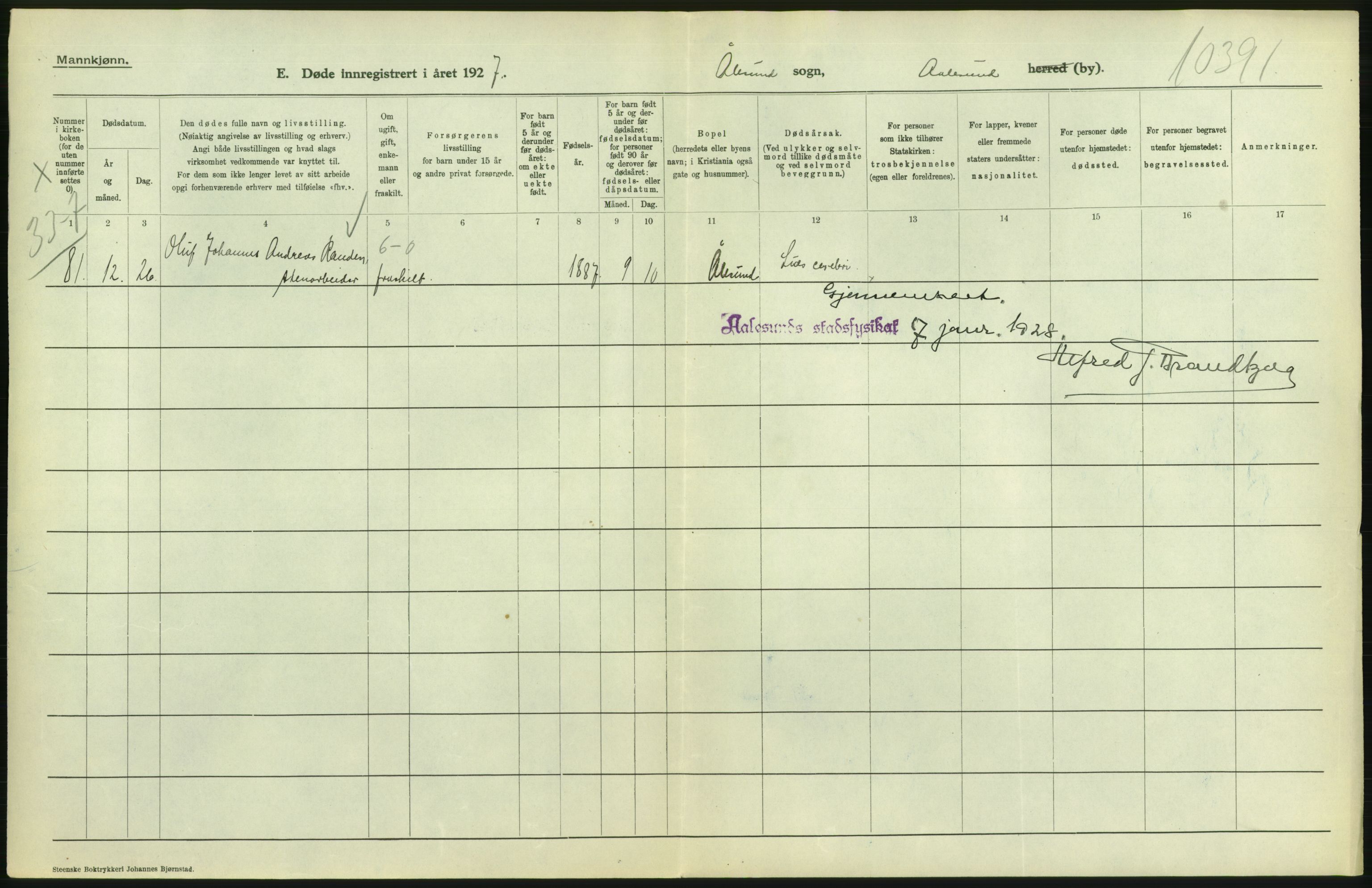 Statistisk sentralbyrå, Sosiodemografiske emner, Befolkning, RA/S-2228/D/Df/Dfc/Dfcg/L0034: Møre fylke: Døde. Bygder og byer., 1927, p. 40