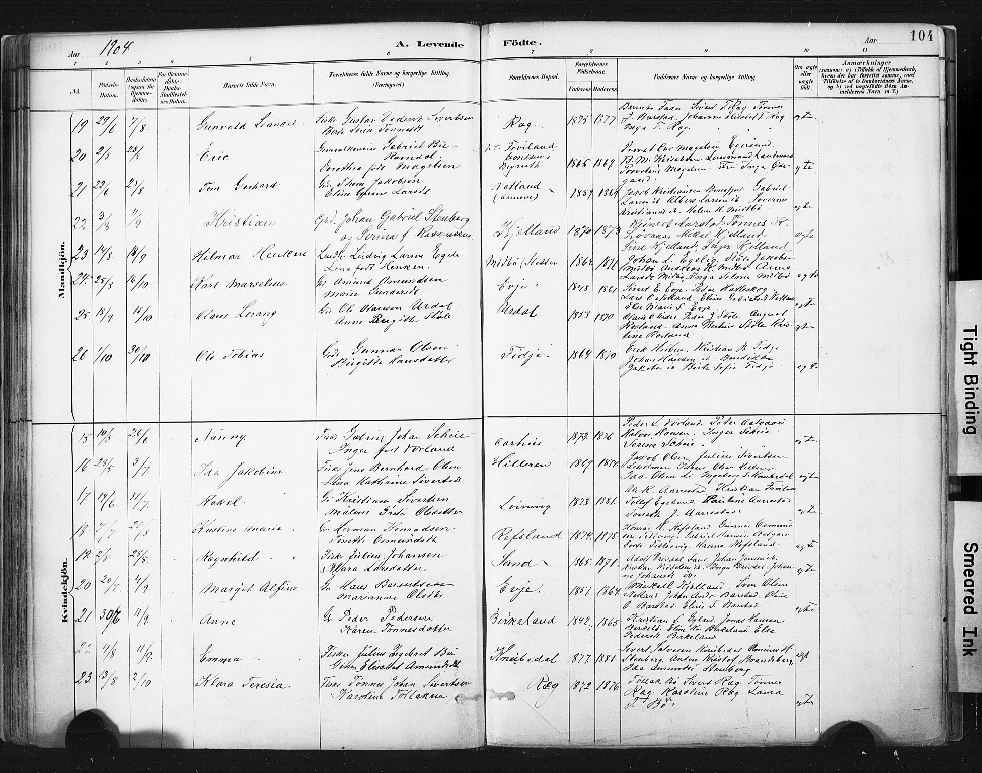 Sokndal sokneprestkontor, AV/SAST-A-101808: Parish register (official) no. A 11.1, 1887-1905, p. 104