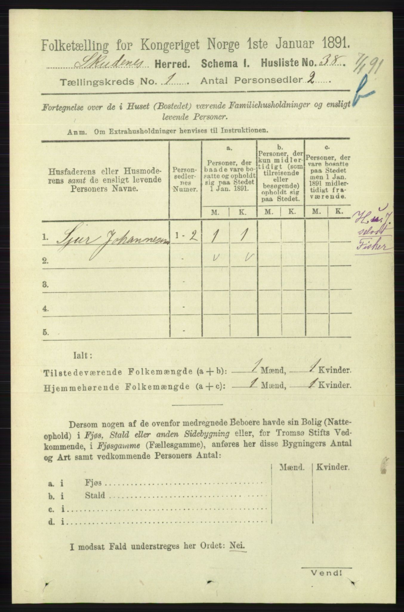 RA, 1891 census for 1150 Skudenes, 1891, p. 3383