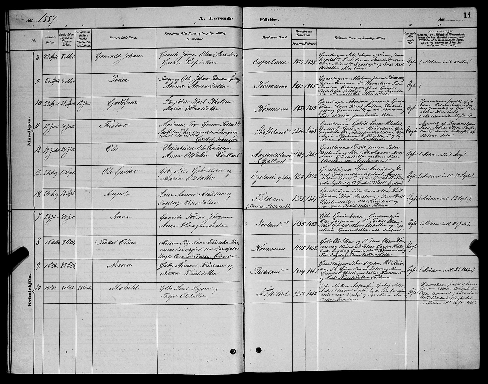 Nord-Audnedal sokneprestkontor, AV/SAK-1111-0032/F/Fb/Fba/L0003: Parish register (copy) no. B 3, 1881-1900, p. 14