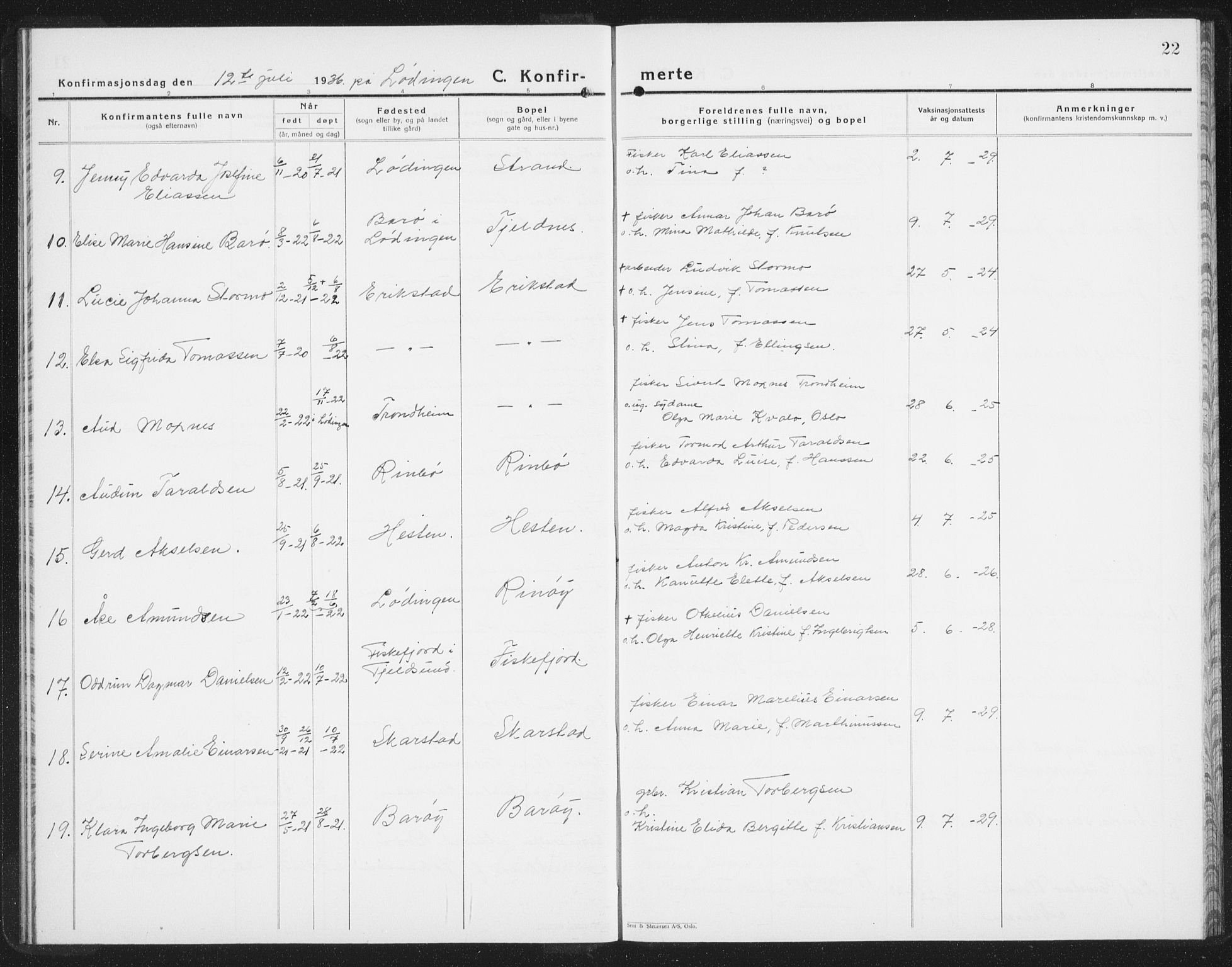 Ministerialprotokoller, klokkerbøker og fødselsregistre - Nordland, AV/SAT-A-1459/872/L1050: Parish register (copy) no. 872C06, 1932-1942, p. 22