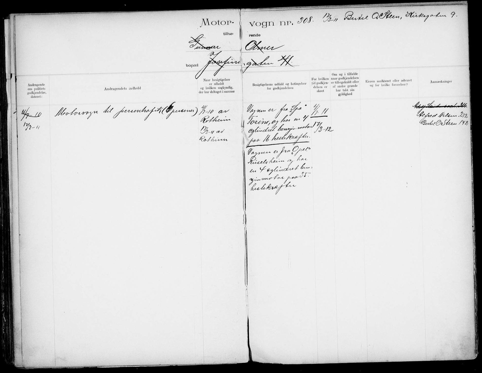 Vegdirektoratet, Bilavdelingen M, AV/RA-S-1663/F/Fa/L0001: Bilregisterprotokoll. Reg.nr. 1-199 og 300-310, 1899-1914