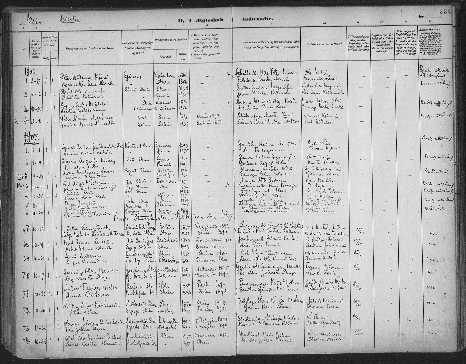 Skien kirkebøker, SAKO/A-302/F/Fa/L0011: Parish register (official) no. 11, 1900-1907, p. 334
