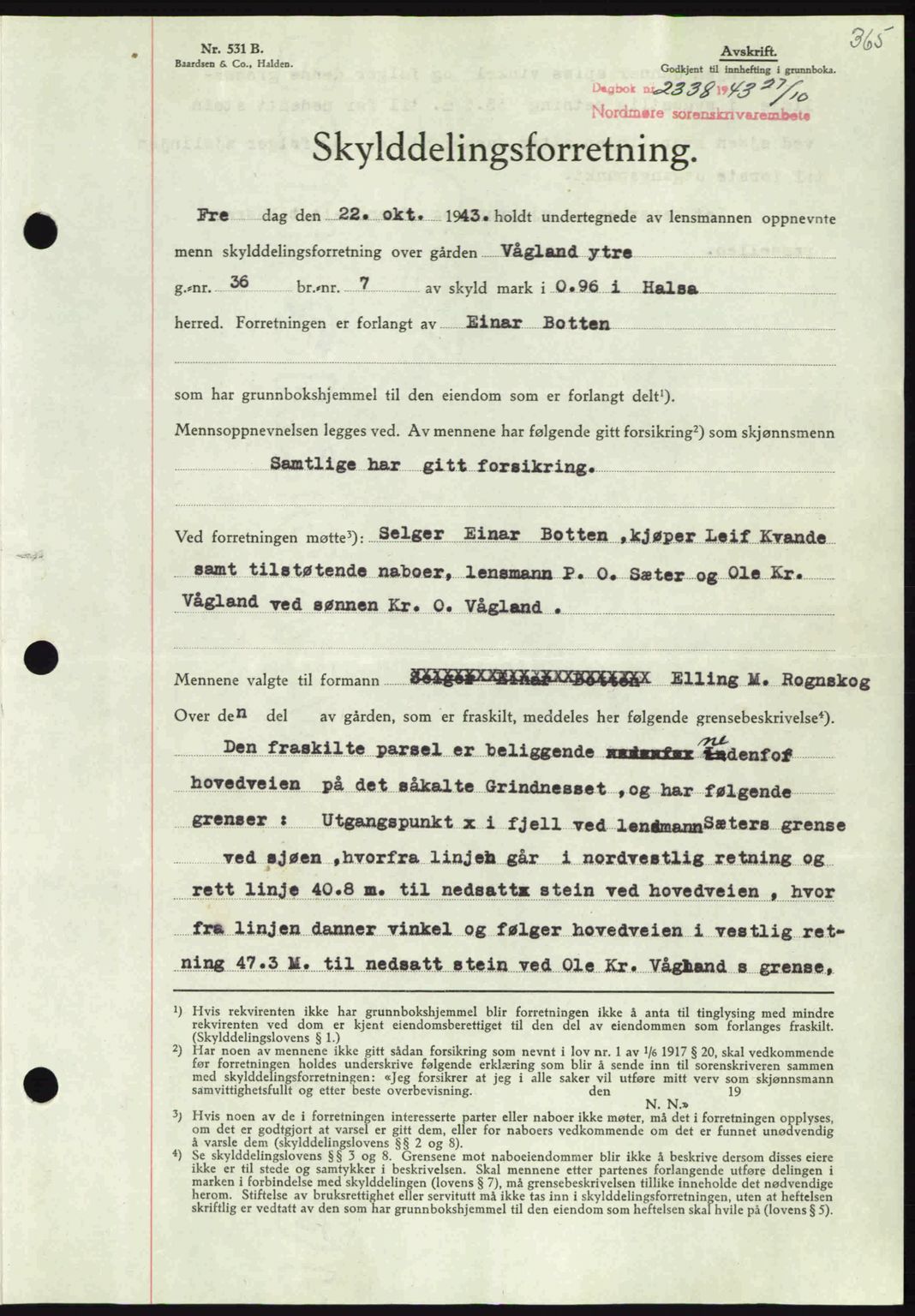 Nordmøre sorenskriveri, SAT/A-4132/1/2/2Ca: Mortgage book no. A96, 1943-1944, Diary no: : 2338/1943