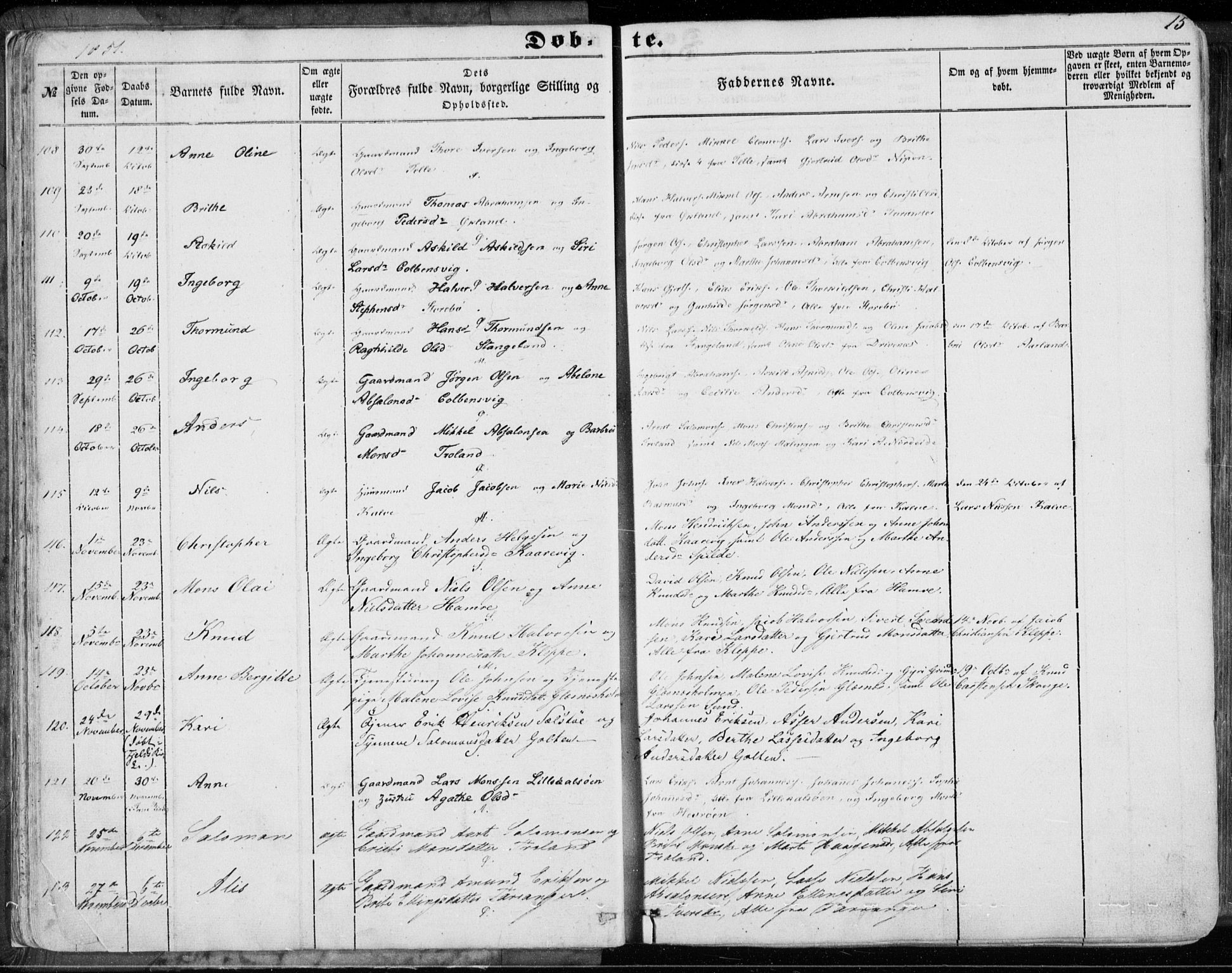 Sund sokneprestembete, AV/SAB-A-99930: Parish register (official) no. A 14, 1850-1866, p. 15