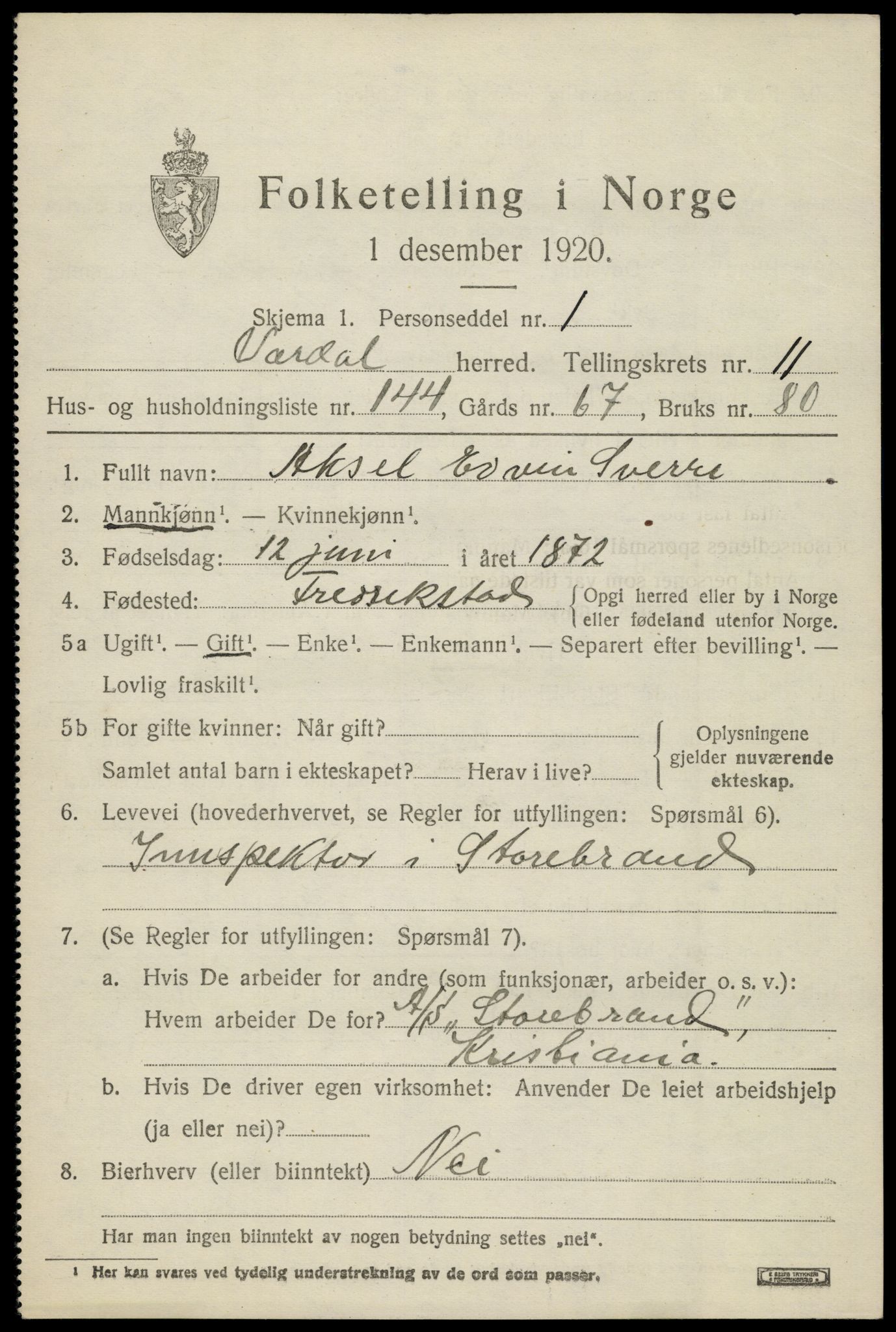 SAH, 1920 census for Vardal, 1920, p. 13127