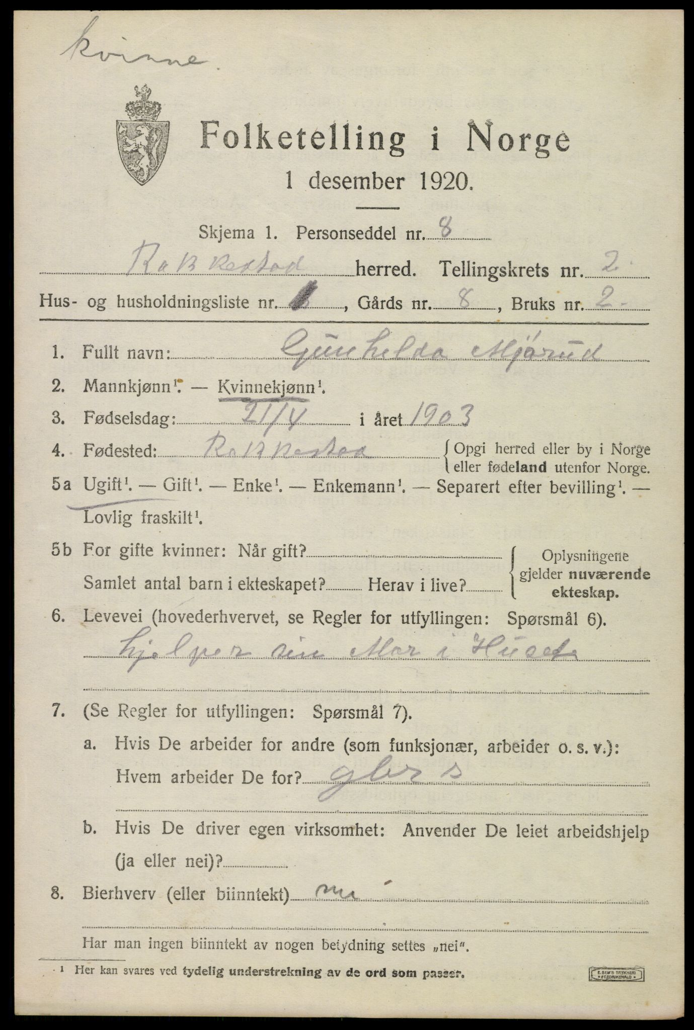 SAO, 1920 census for Rakkestad, 1920, p. 3389