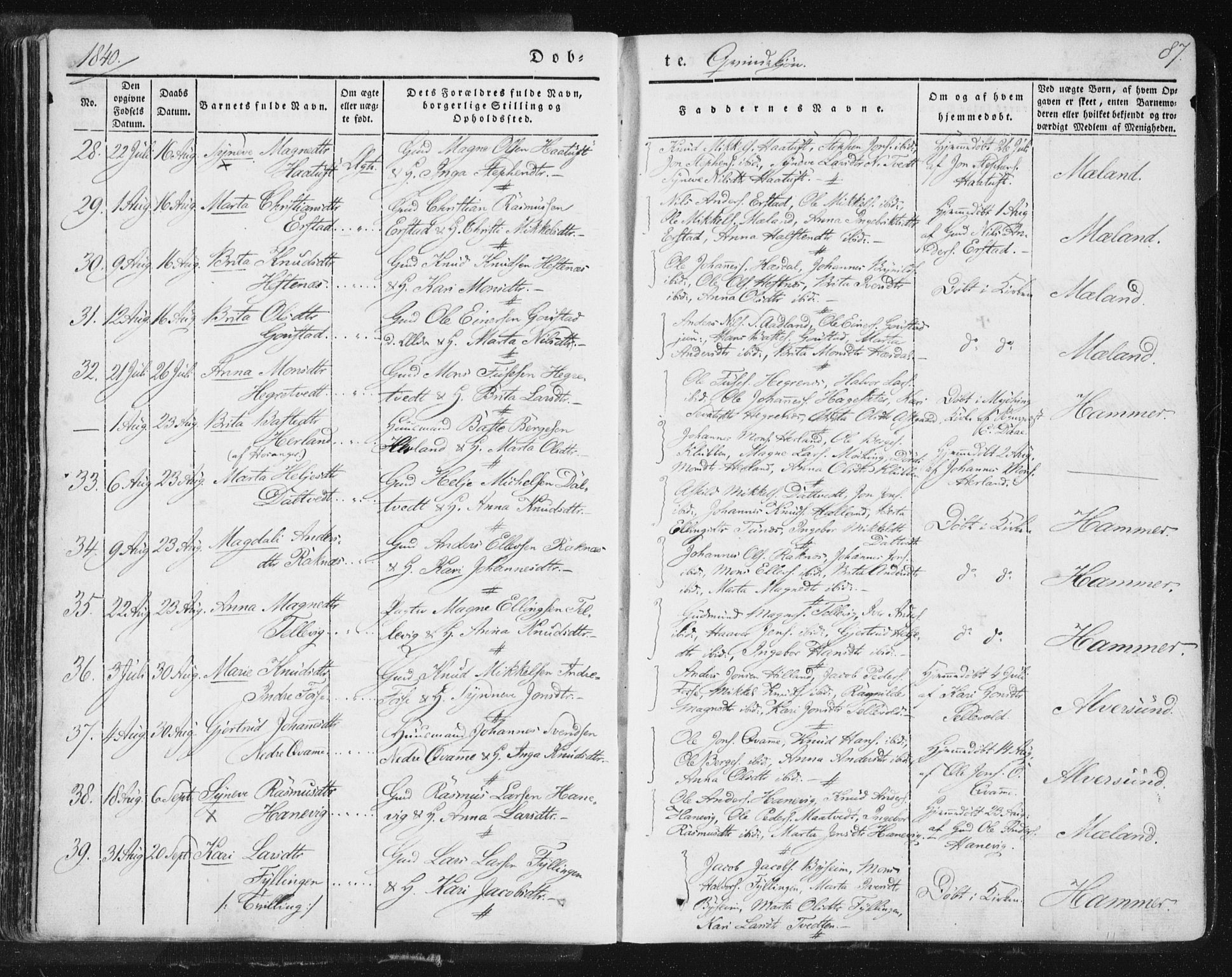 Hamre sokneprestembete, AV/SAB-A-75501/H/Ha/Haa/Haaa/L0012: Parish register (official) no. A 12, 1834-1845, p. 87