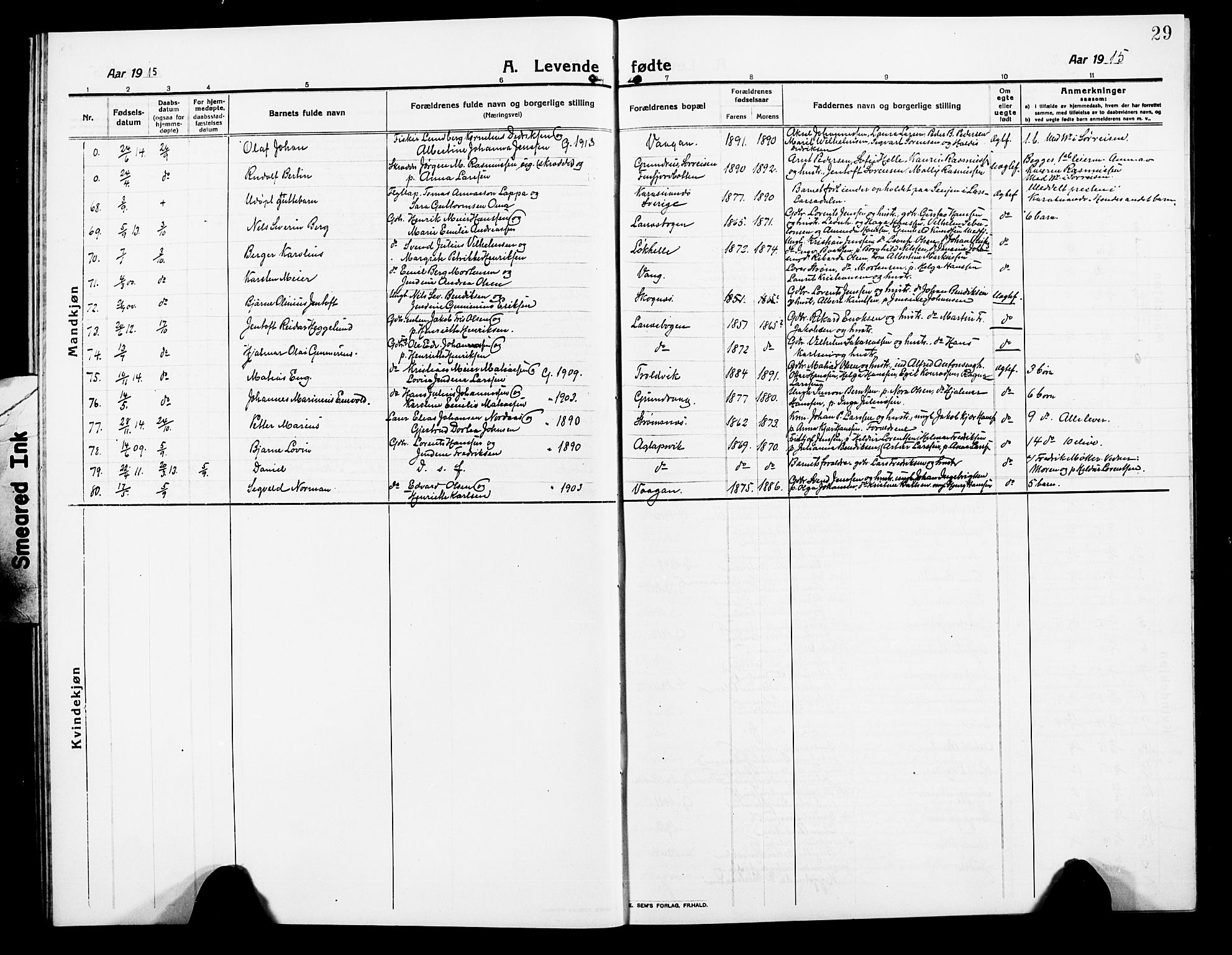 Lenvik sokneprestembete, AV/SATØ-S-1310/H/Ha/Hab/L0009klokker: Parish register (copy) no. 9, 1912-1926, p. 29