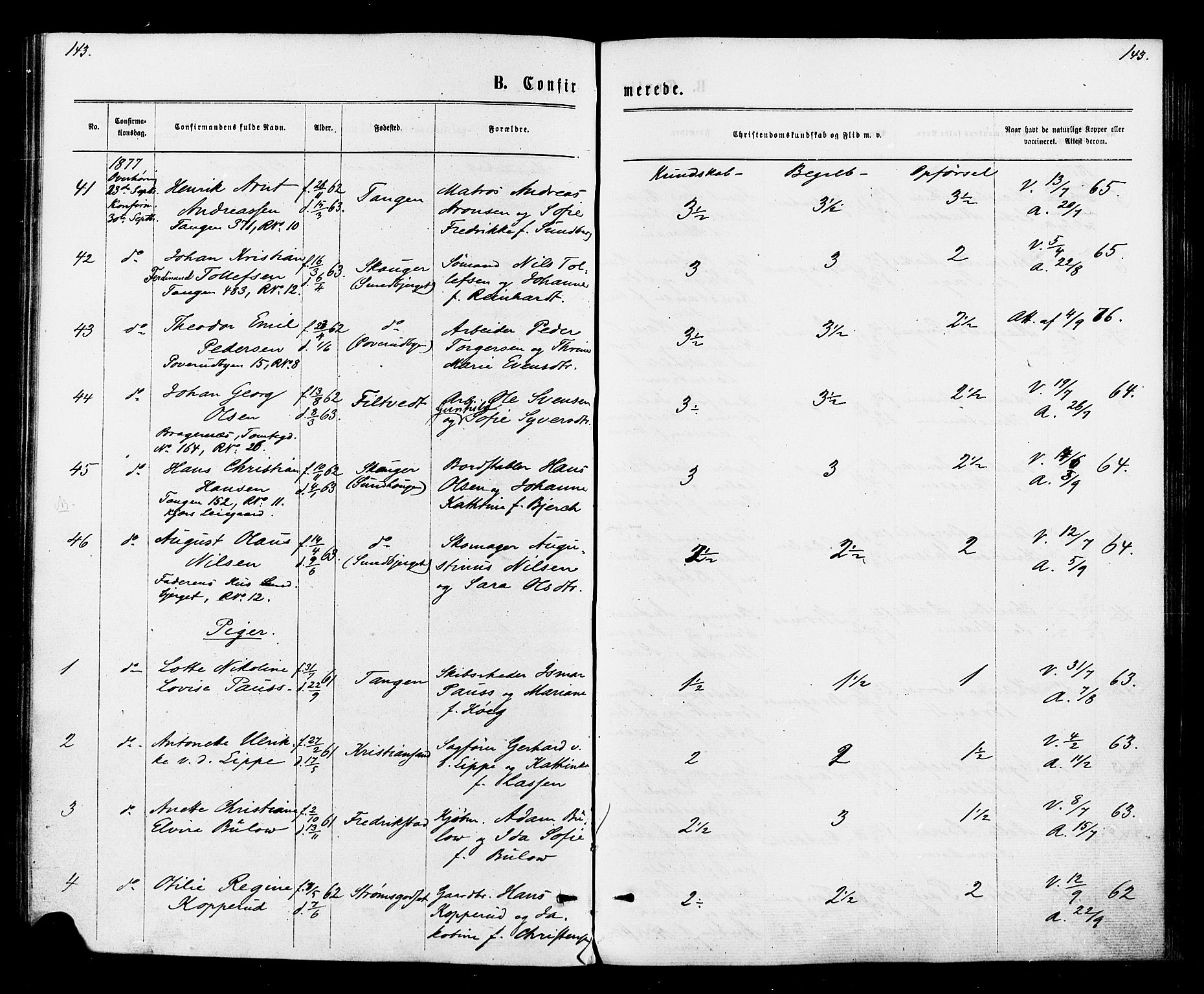 Strømsø kirkebøker, AV/SAKO-A-246/F/Fa/L0020: Parish register (official) no. I 20, 1870-1878, p. 143