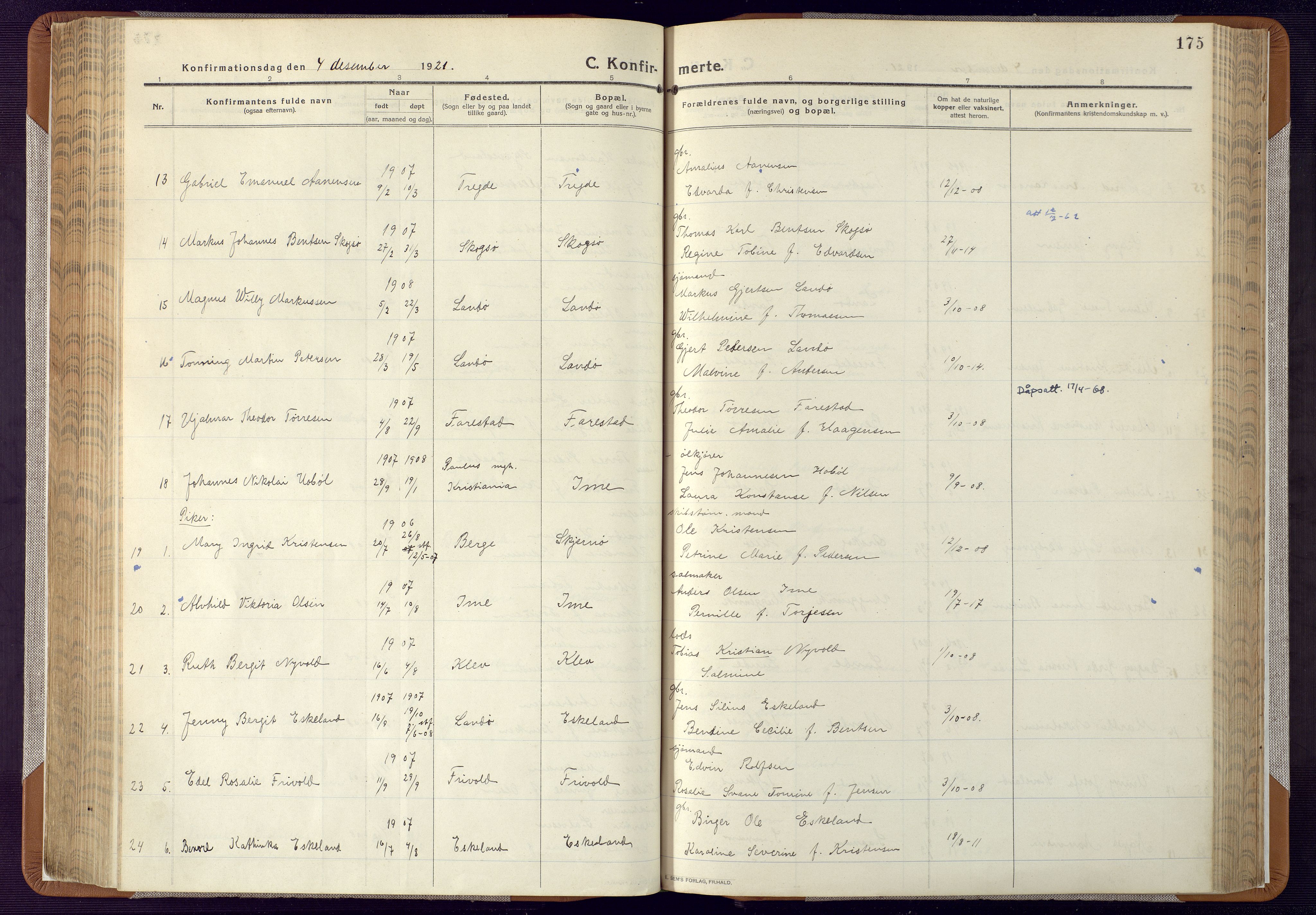 Mandal sokneprestkontor, AV/SAK-1111-0030/F/Fa/Faa/L0022: Parish register (official) no. A 22, 1913-1925, p. 175