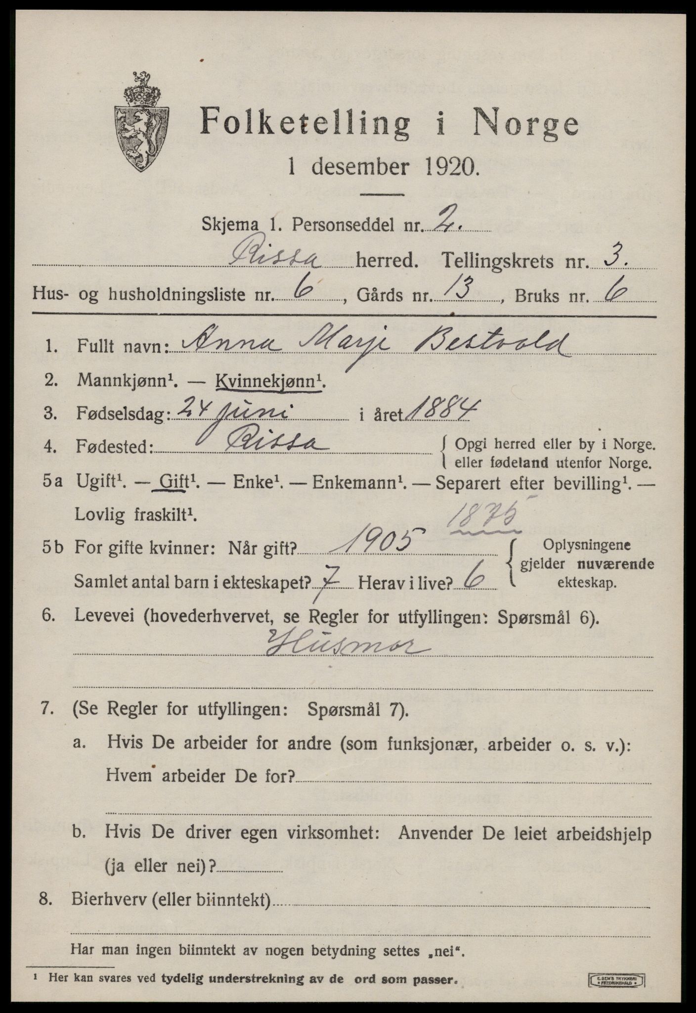 SAT, 1920 census for Rissa, 1920, p. 2565