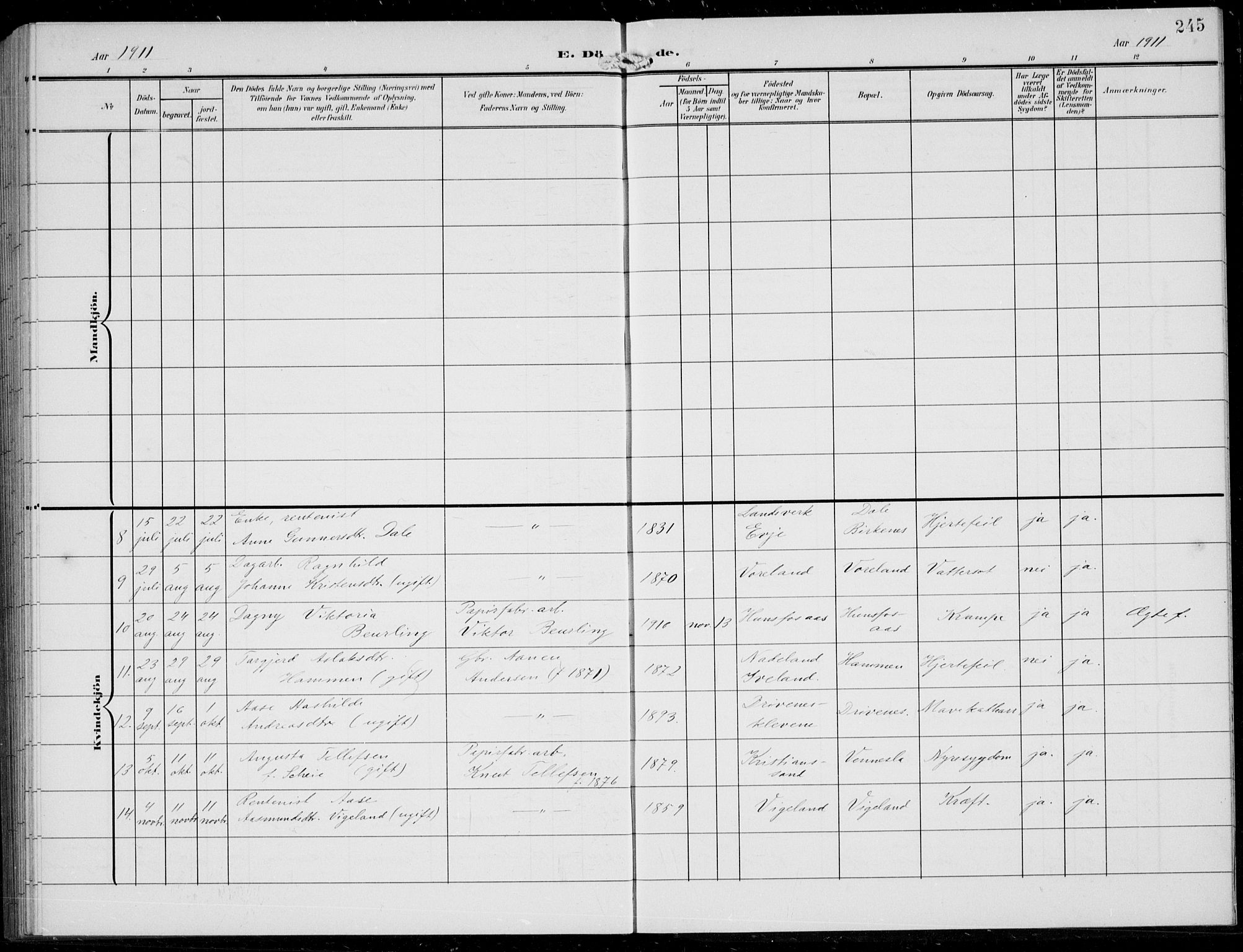 Vennesla sokneprestkontor, AV/SAK-1111-0045/Fb/Fbb/L0005: Parish register (copy) no. B 5, 1903-1913, p. 245