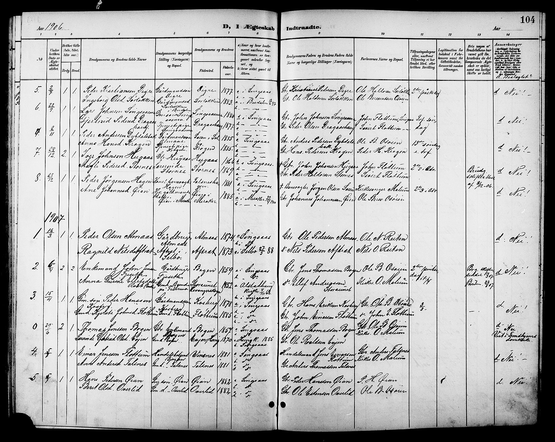 Ministerialprotokoller, klokkerbøker og fødselsregistre - Sør-Trøndelag, SAT/A-1456/688/L1029: Parish register (copy) no. 688C04, 1899-1915, p. 104