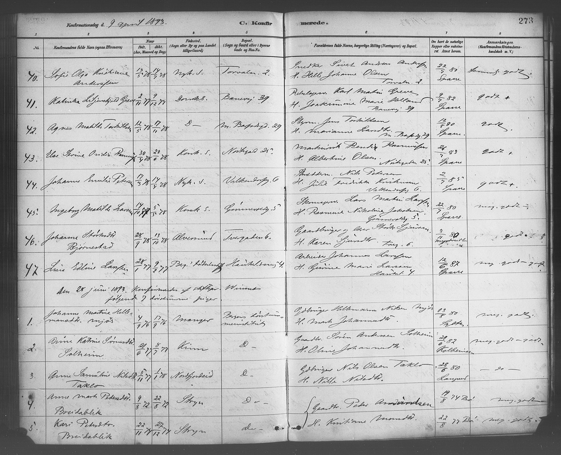 Domkirken sokneprestembete, AV/SAB-A-74801/H/Haa/L0030: Parish register (official) no. C 5, 1880-1898, p. 273