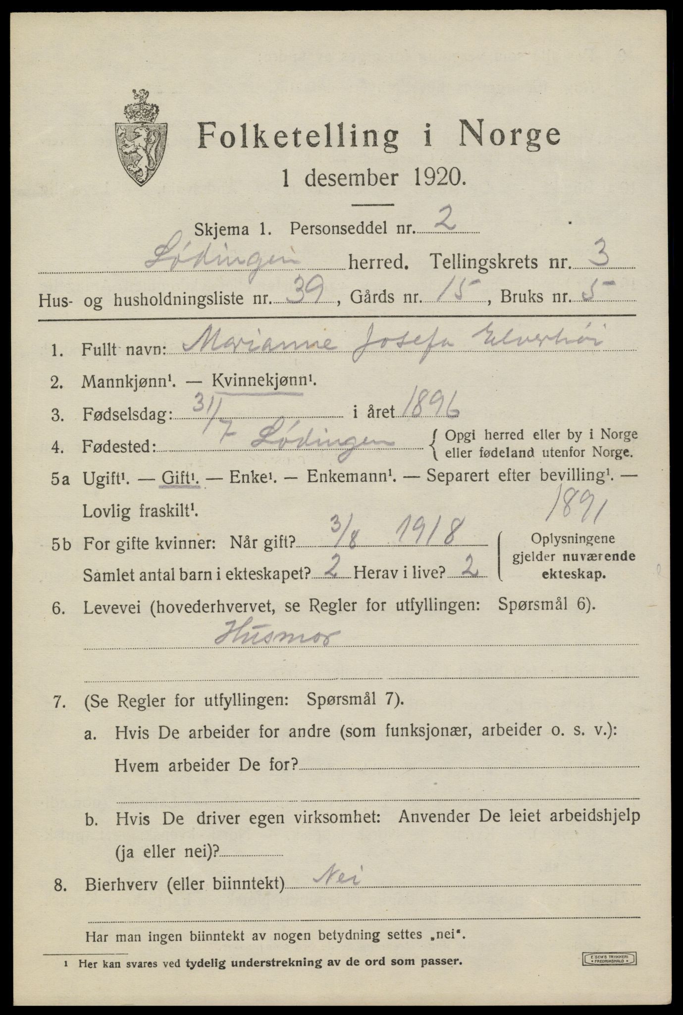 SAT, 1920 census for Lødingen, 1920, p. 2587