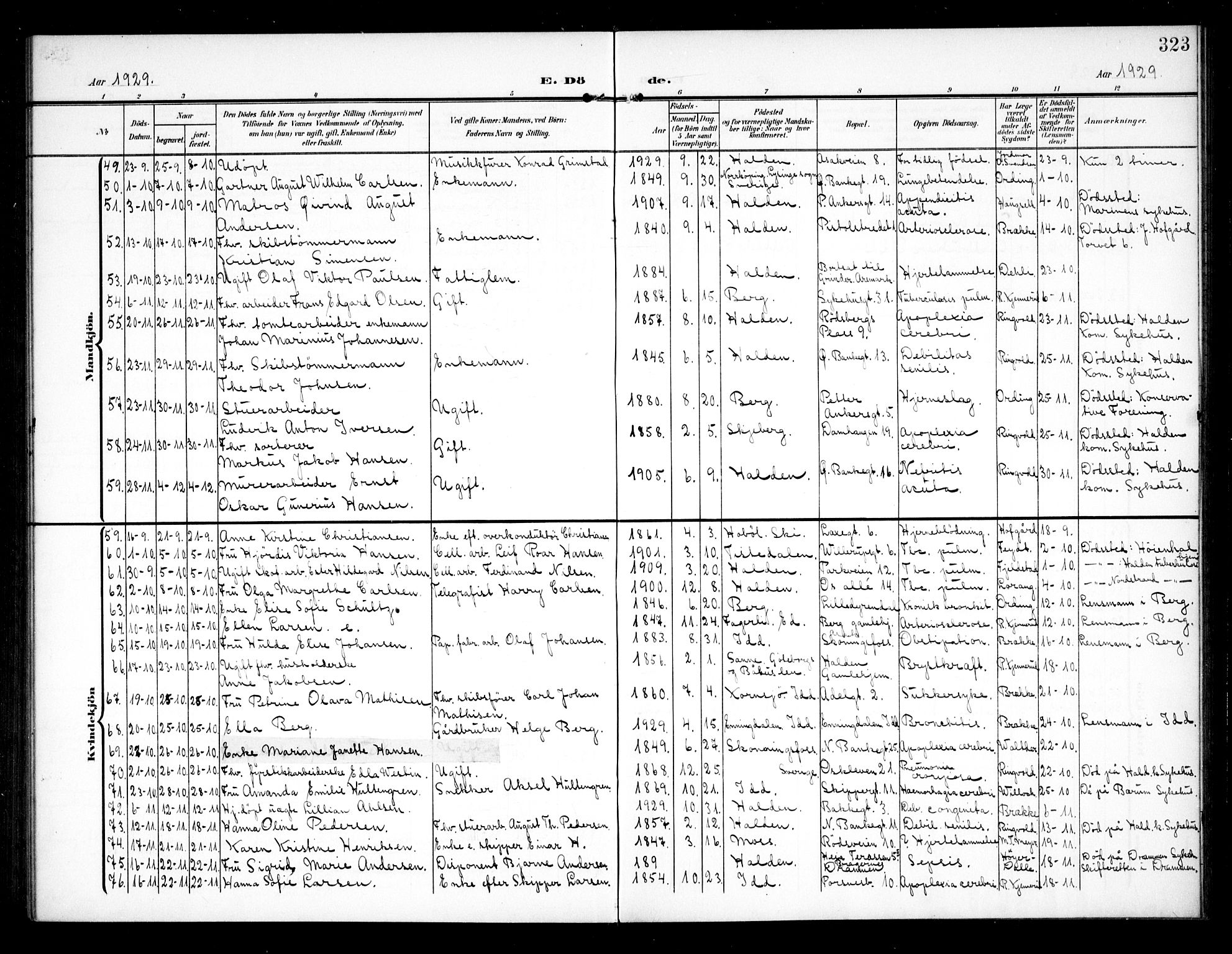 Halden prestekontor Kirkebøker, AV/SAO-A-10909/G/Ga/L0011: Parish register (copy) no. 11, 1906-1934, p. 323