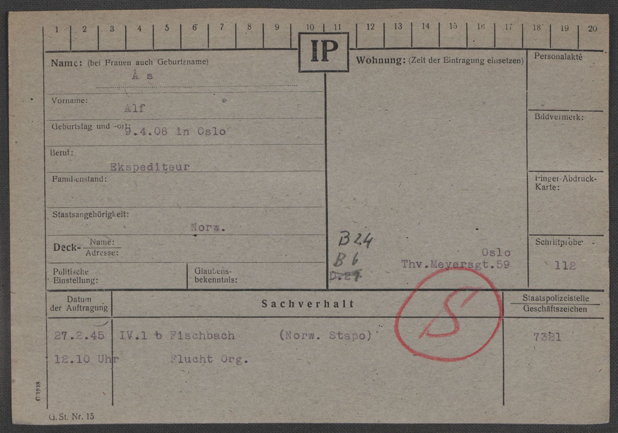 Befehlshaber der Sicherheitspolizei und des SD, RA/RAFA-5969/E/Ea/Eaa/L0010: Register over norske fanger i Møllergata 19: Sø-Å, 1940-1945, p. 1472