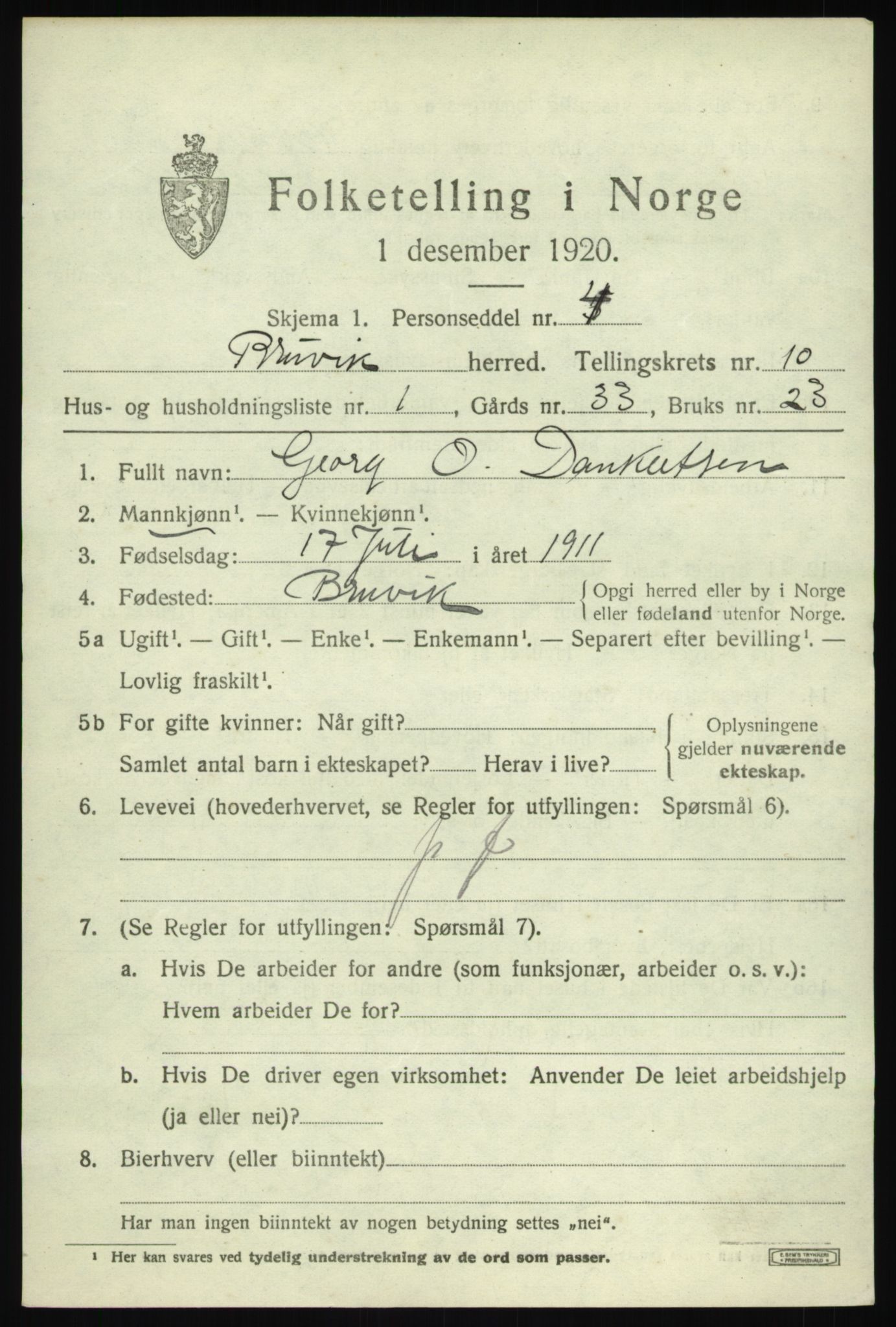 SAB, 1920 census for Bruvik, 1920, p. 6916