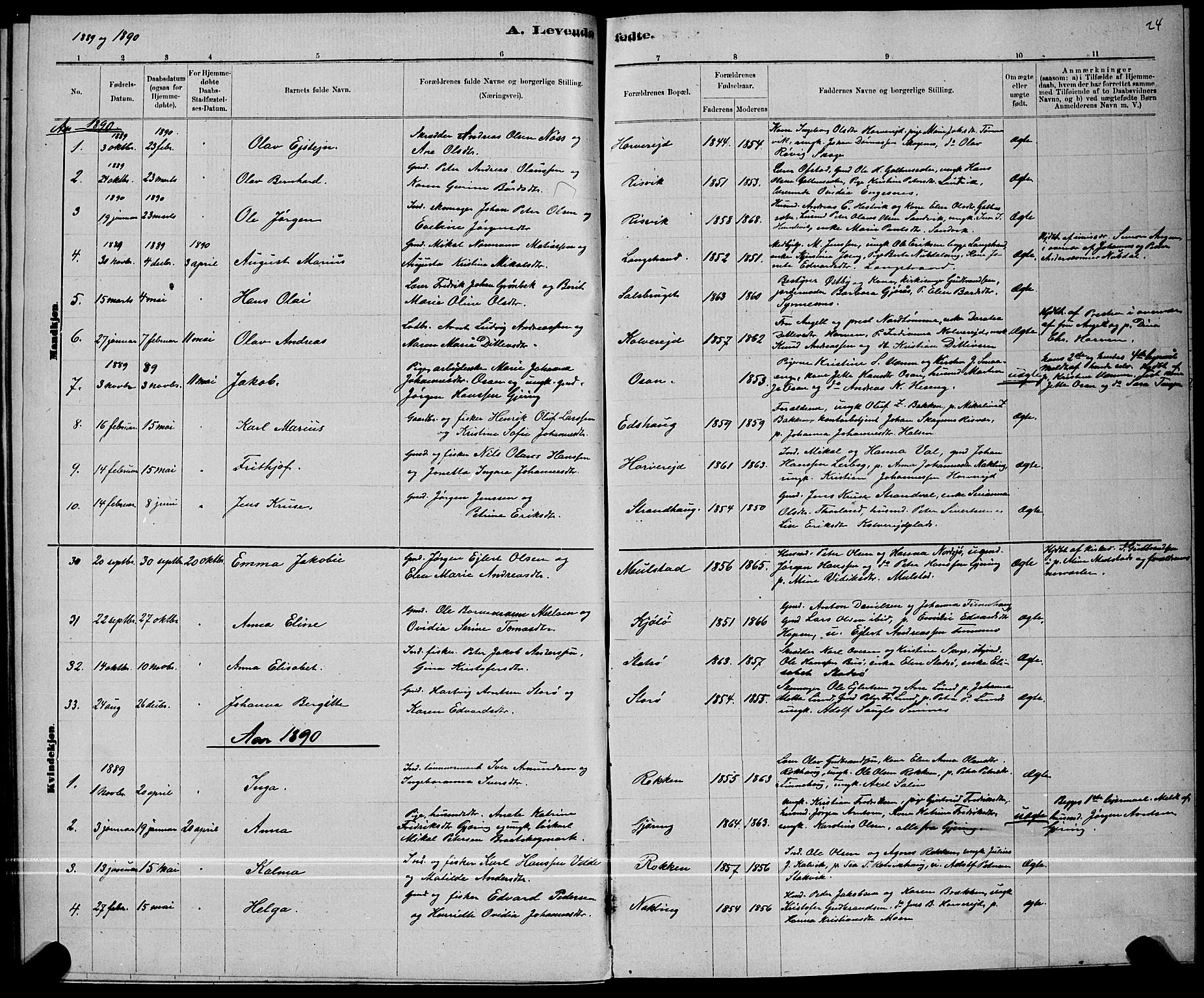 Ministerialprotokoller, klokkerbøker og fødselsregistre - Nord-Trøndelag, SAT/A-1458/780/L0651: Parish register (copy) no. 780C03, 1884-1898, p. 24