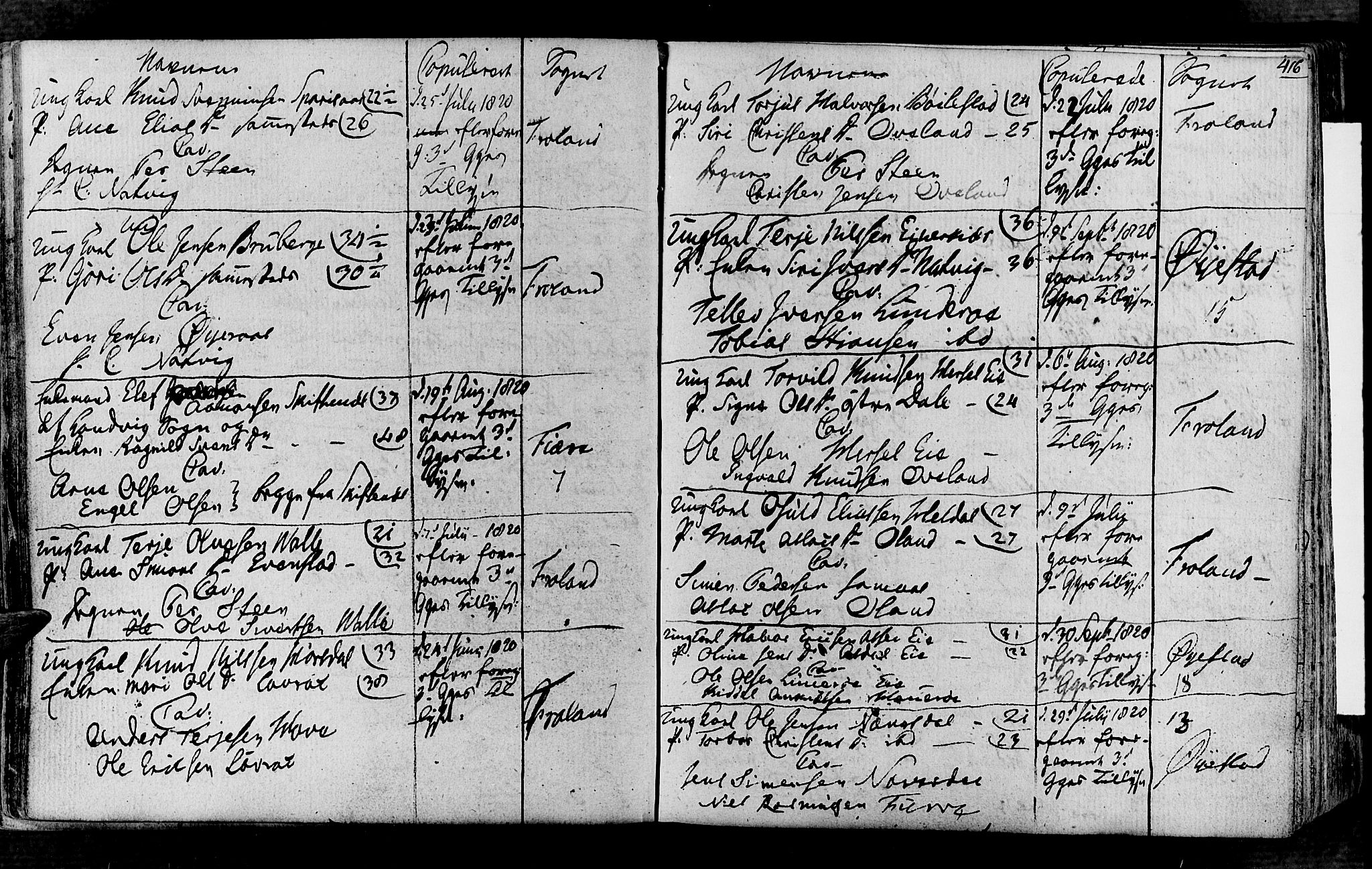 Øyestad sokneprestkontor, AV/SAK-1111-0049/F/Fa/L0011: Parish register (official) no. A 11, 1805-1824, p. 416