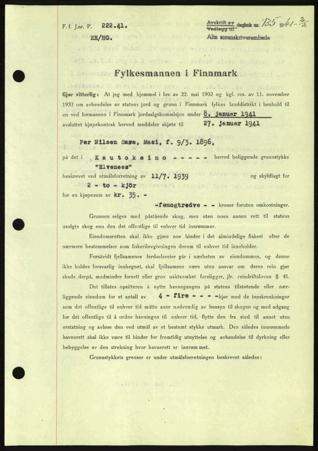 Alta fogderi/sorenskriveri, SATØ/SATØ-5/1/K/Kd/L0033pantebok: Mortgage book no. 33, 1940-1943, Diary no: : 135/1941