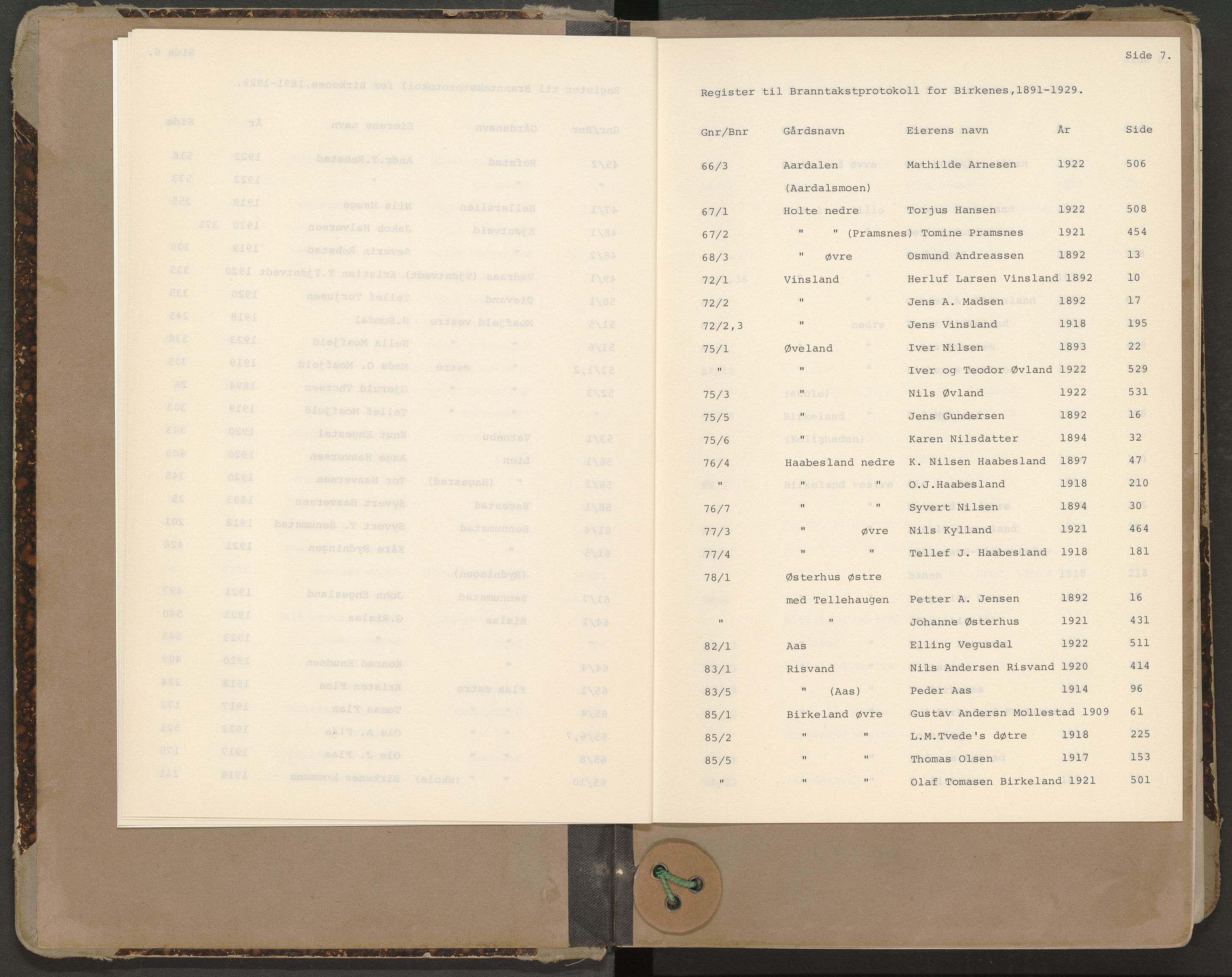 Norges Brannkasse Birkenes, AV/SAK-2241-0005/F/Fa/L0002: Branntakstprotokoll nr. 2 med gårdsnavnregister, 1891-1929
