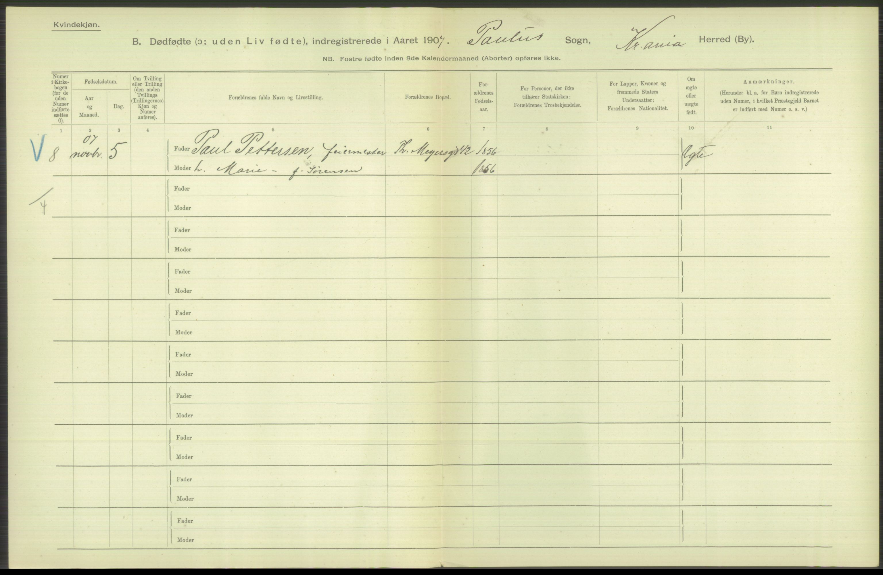 Statistisk sentralbyrå, Sosiodemografiske emner, Befolkning, RA/S-2228/D/Df/Dfa/Dfae/L0010: Kristiania: Døde, dødfødte, 1907, p. 156