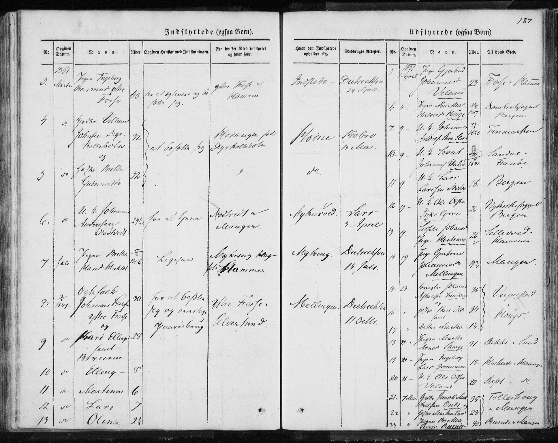 Lindås Sokneprestembete, AV/SAB-A-76701/H/Haa/Haaa/L0010: Parish register (official) no. A 10, 1842-1862, p. 187