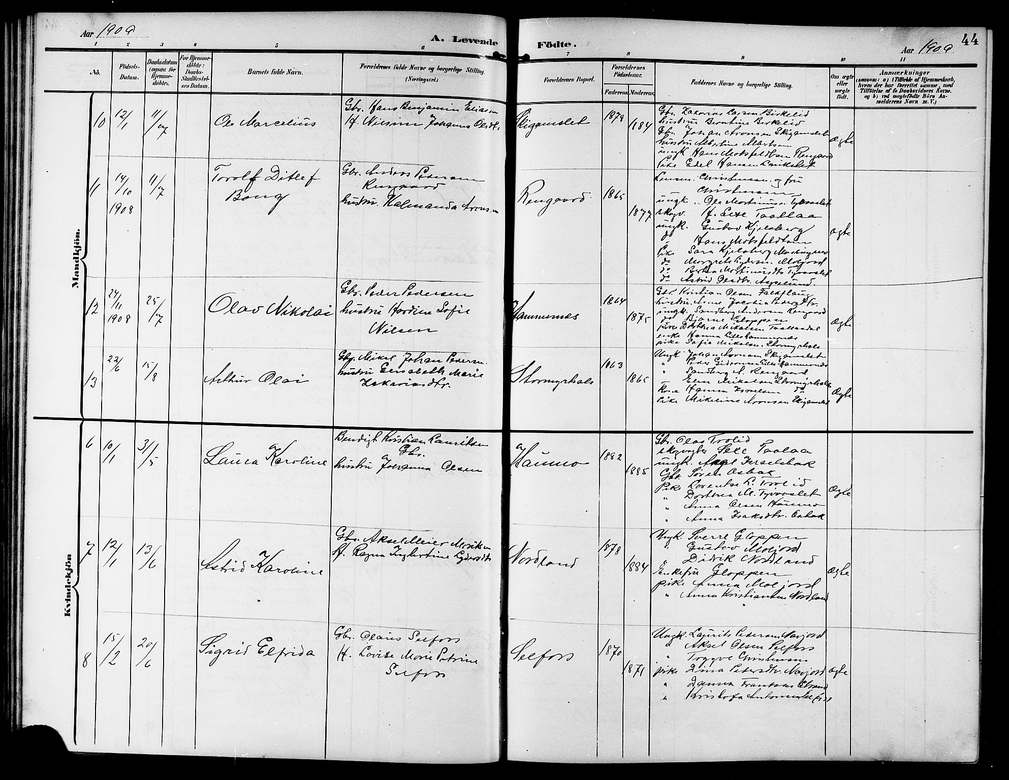 Ministerialprotokoller, klokkerbøker og fødselsregistre - Nordland, AV/SAT-A-1459/846/L0655: Parish register (copy) no. 846C05, 1902-1916, p. 44
