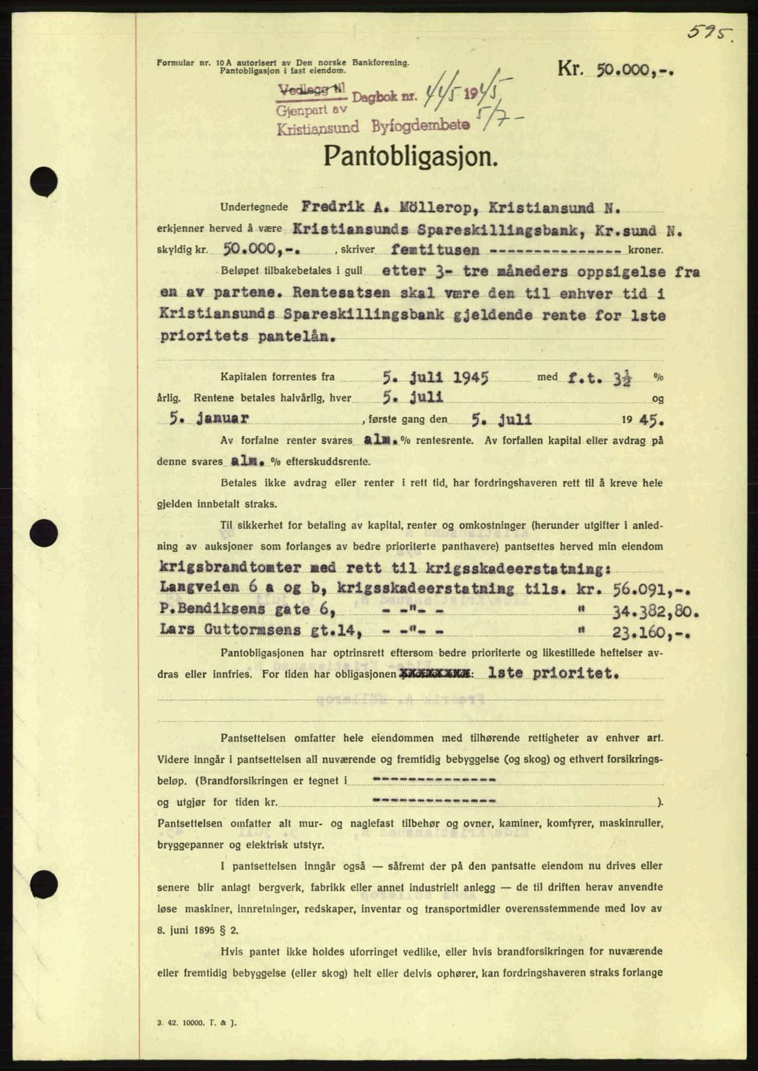 Kristiansund byfogd, SAT/A-4587/A/27: Mortgage book no. 37-38, 1943-1945, Diary no: : 445/1945